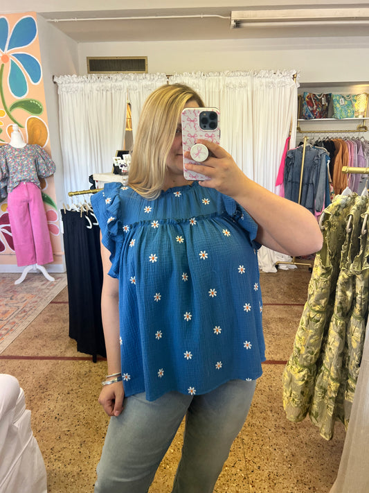 Blue Gauze Daisy Ruffle Blouse