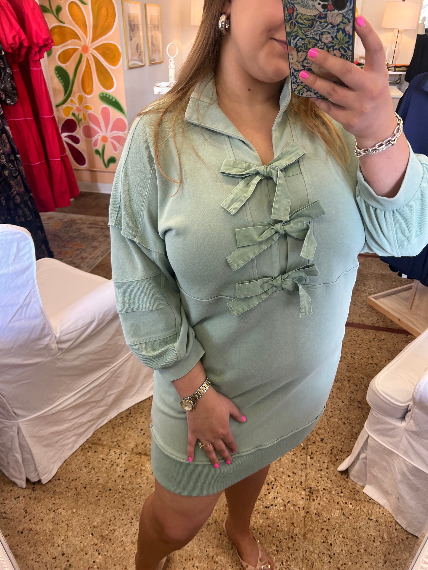 Sage Sweatshirt Bow Dress