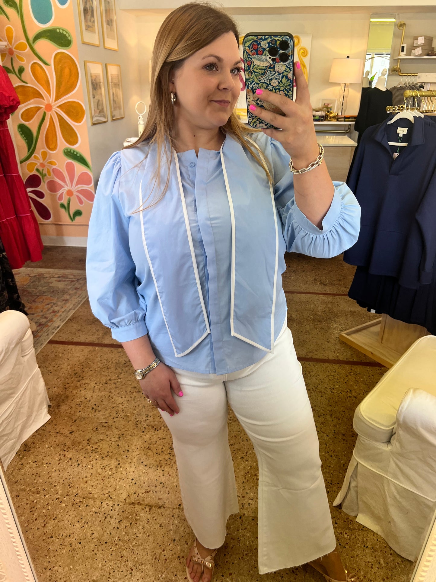 Sky Blue Tie Neck Blouse