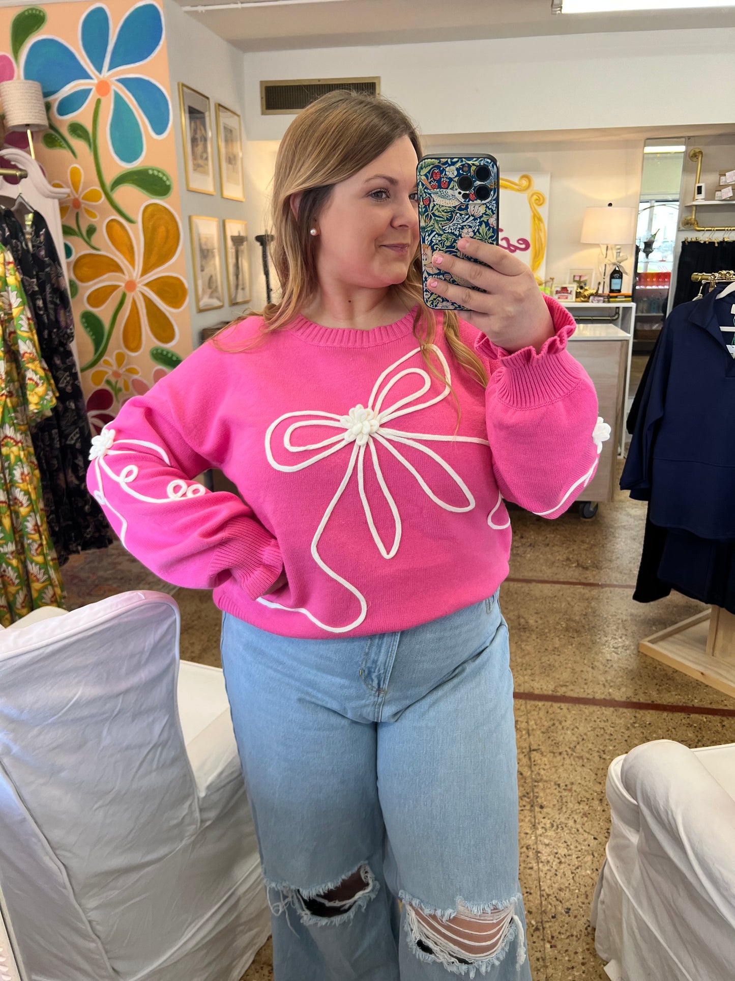 Hot Pink Corded Bow Sweater