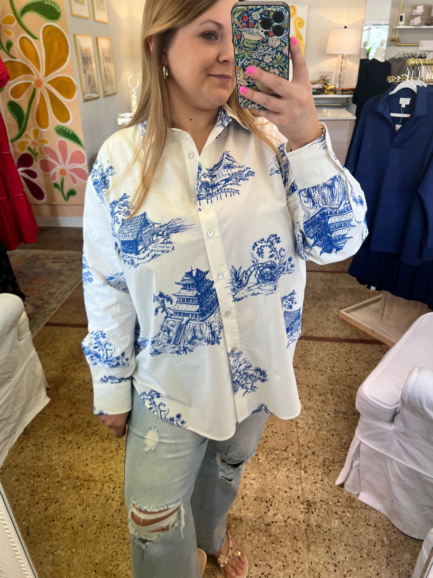 Oversized Toile Button Down