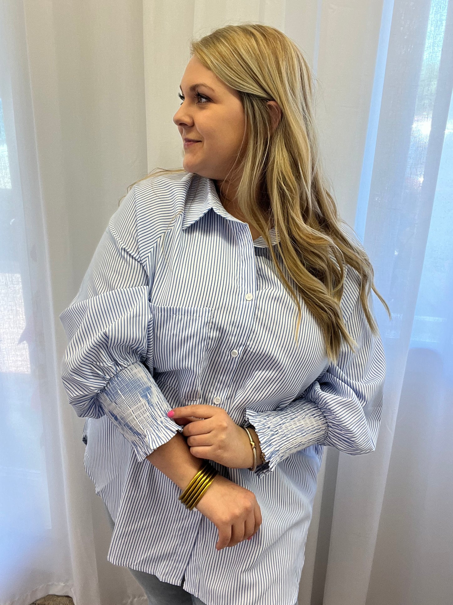 Smocked boyfriend blouse blue