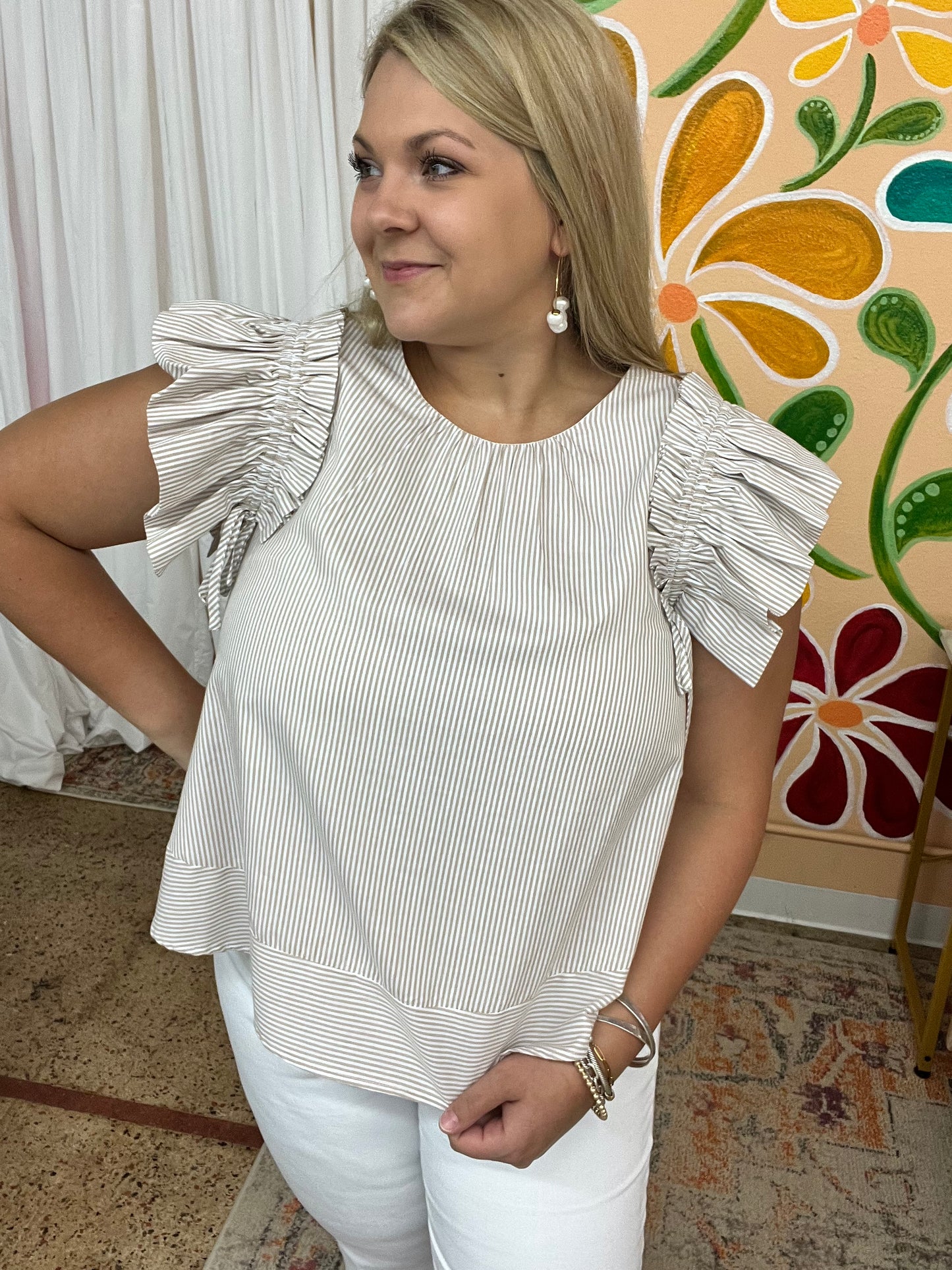 Taupe Ruffle Drawstring Blouse