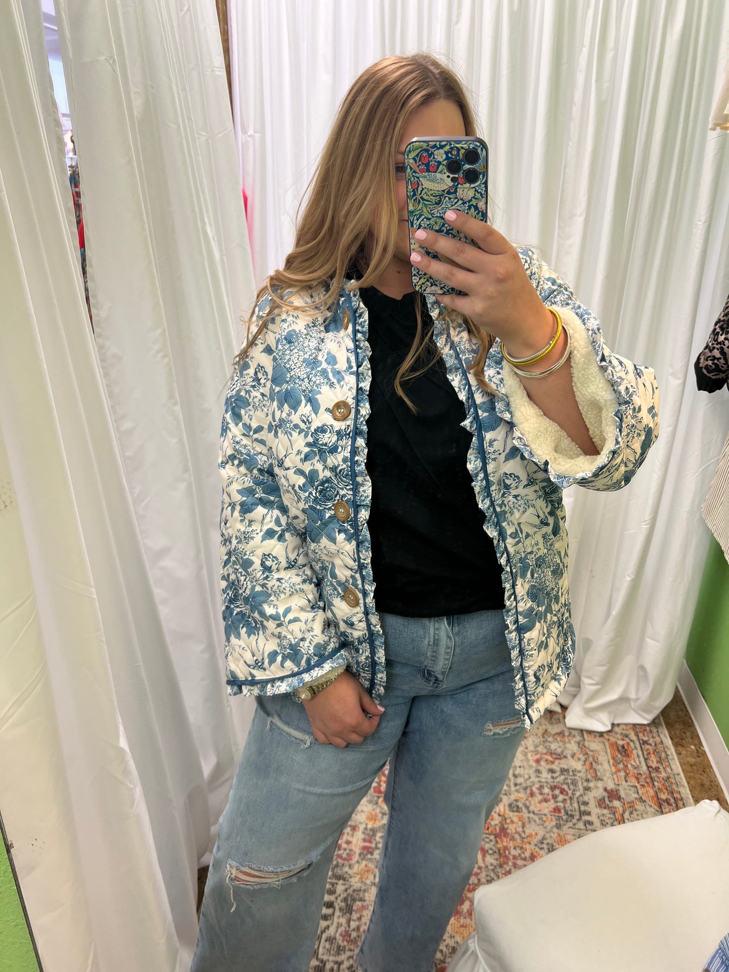 Blue Floral Sherpa Jacket