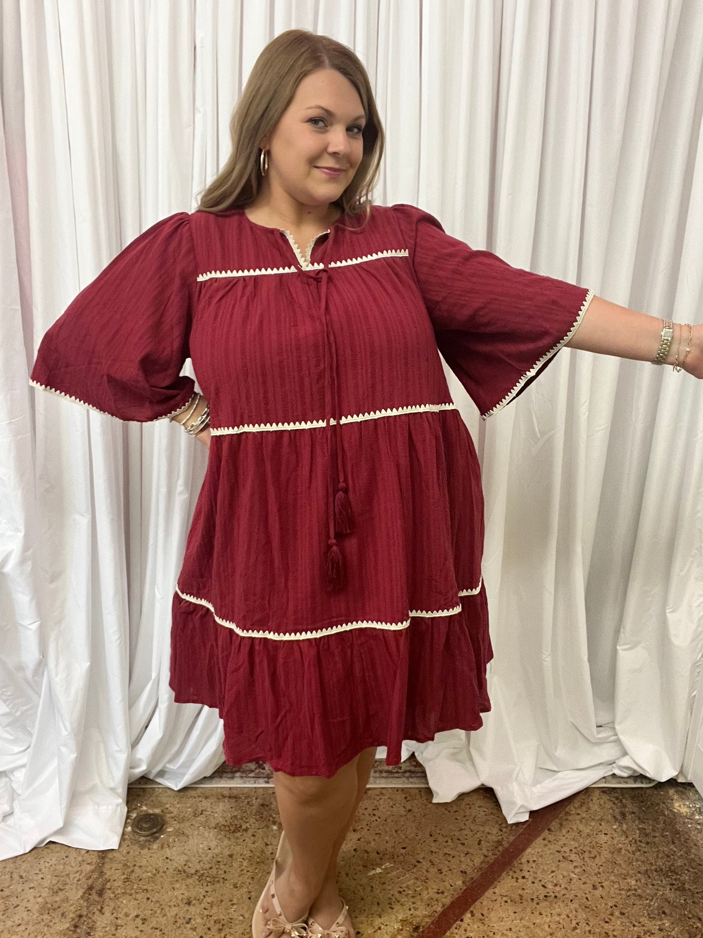 Plus Bell Sleeve Maroon Dress