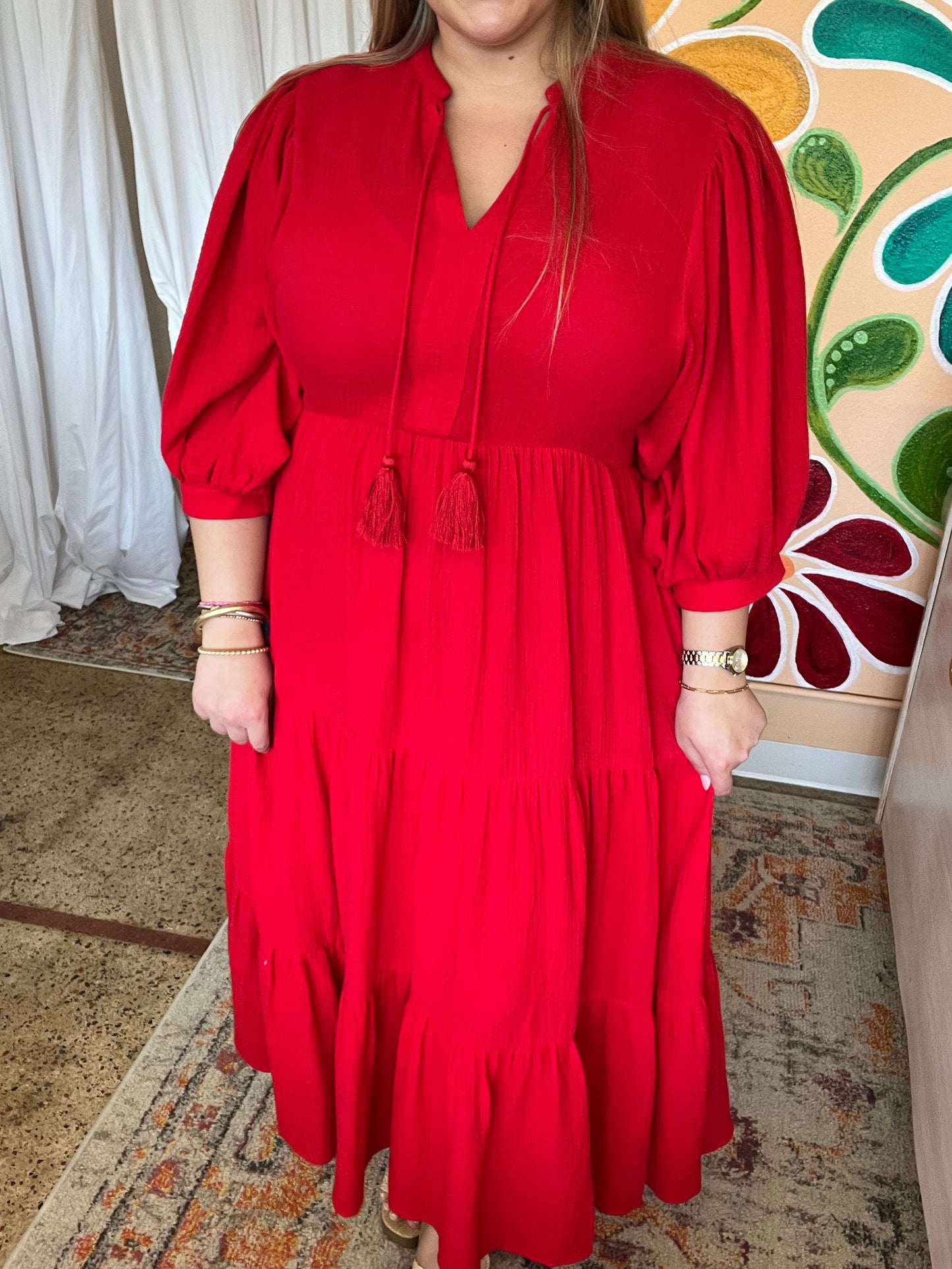 Red Gauze Tiered Maxi Dress