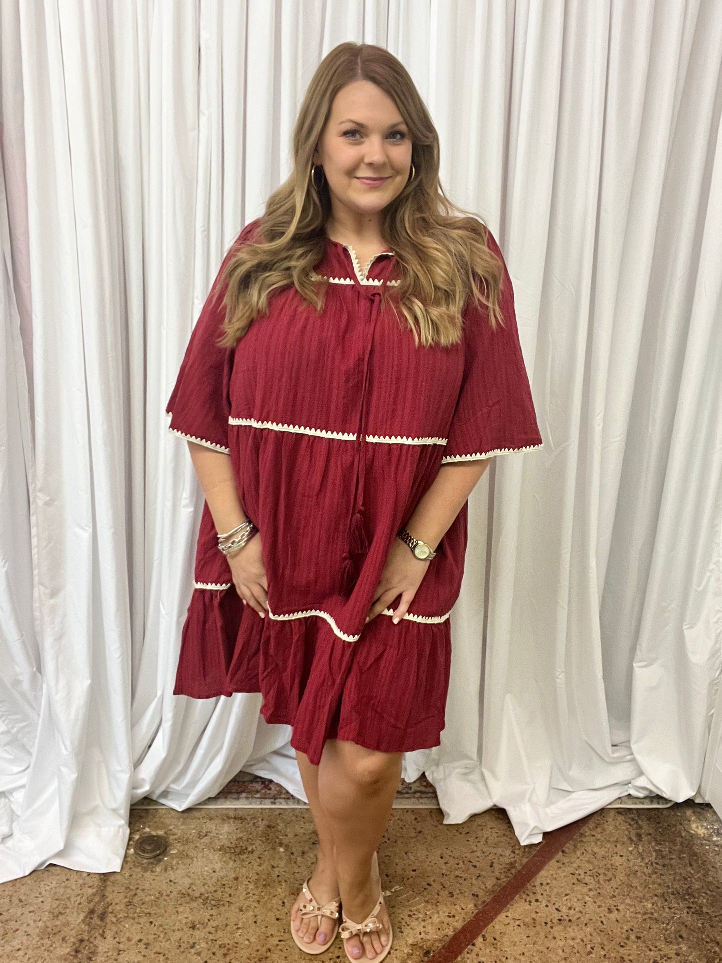 Plus Bell Sleeve Maroon Dress