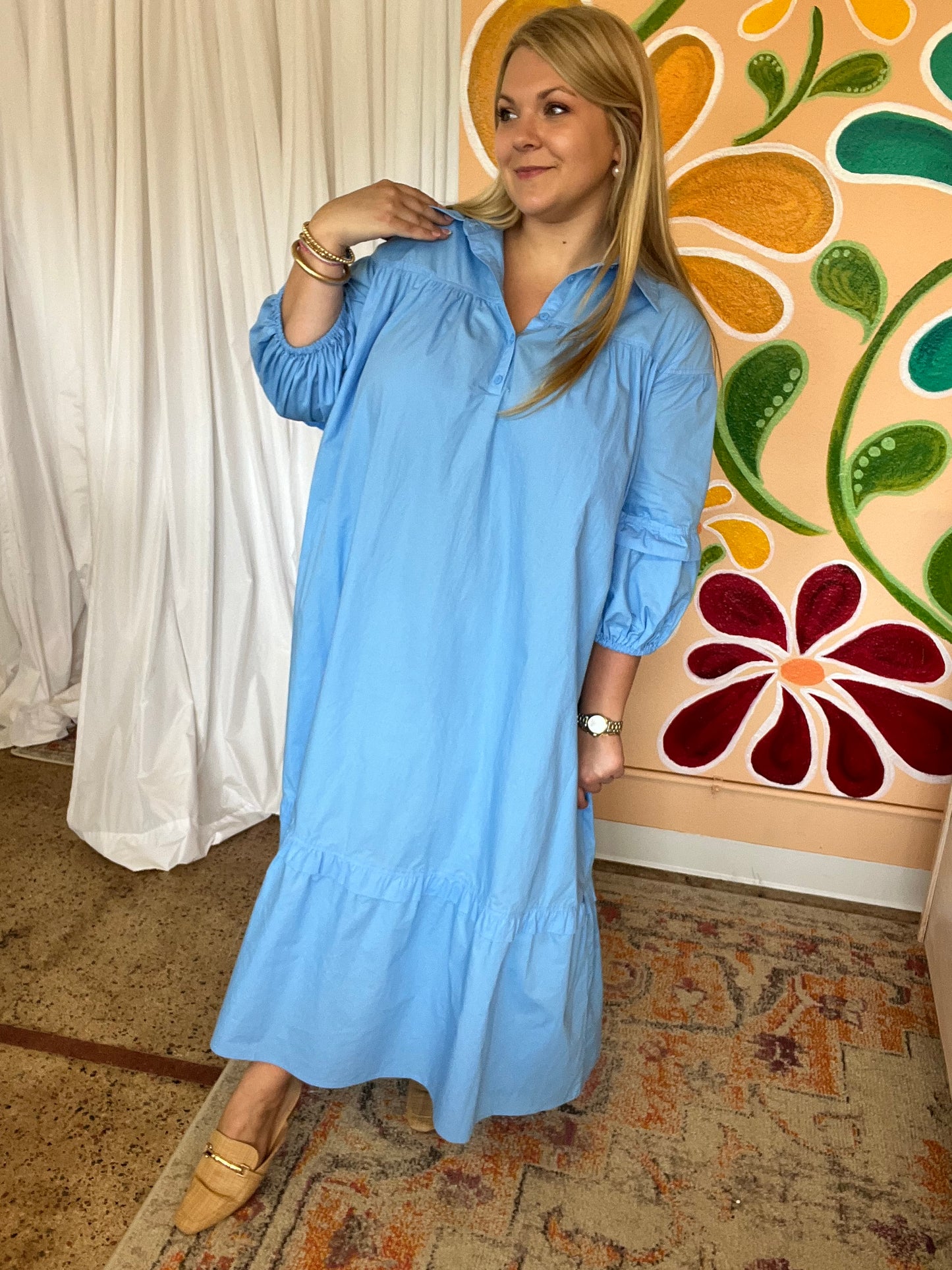 Poplin Puff Sleeve Collared Blue Dress