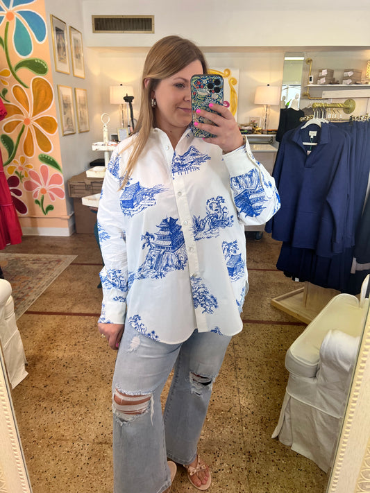 Oversized Toile Button Down