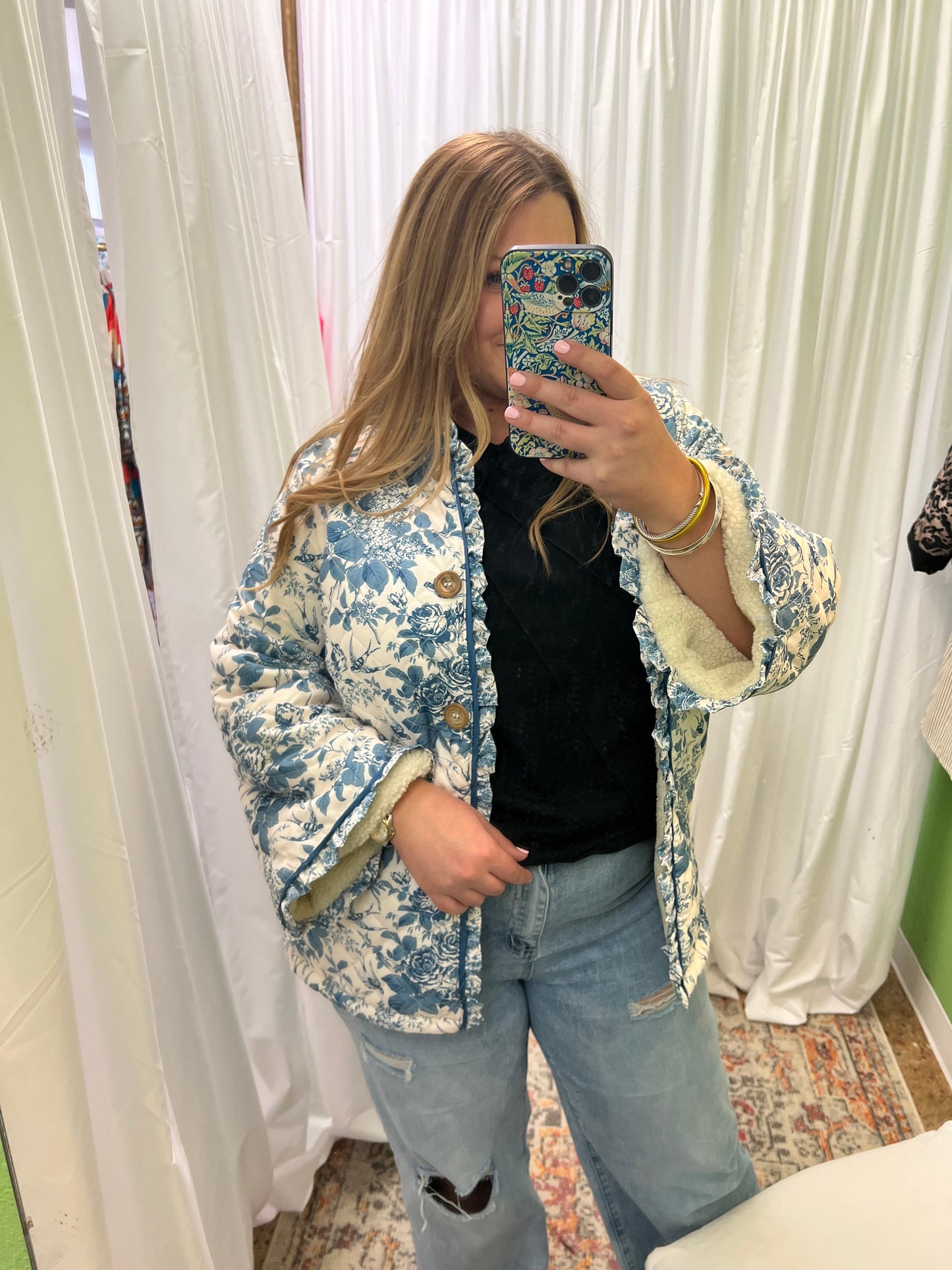 Blue Floral Sherpa Jacket