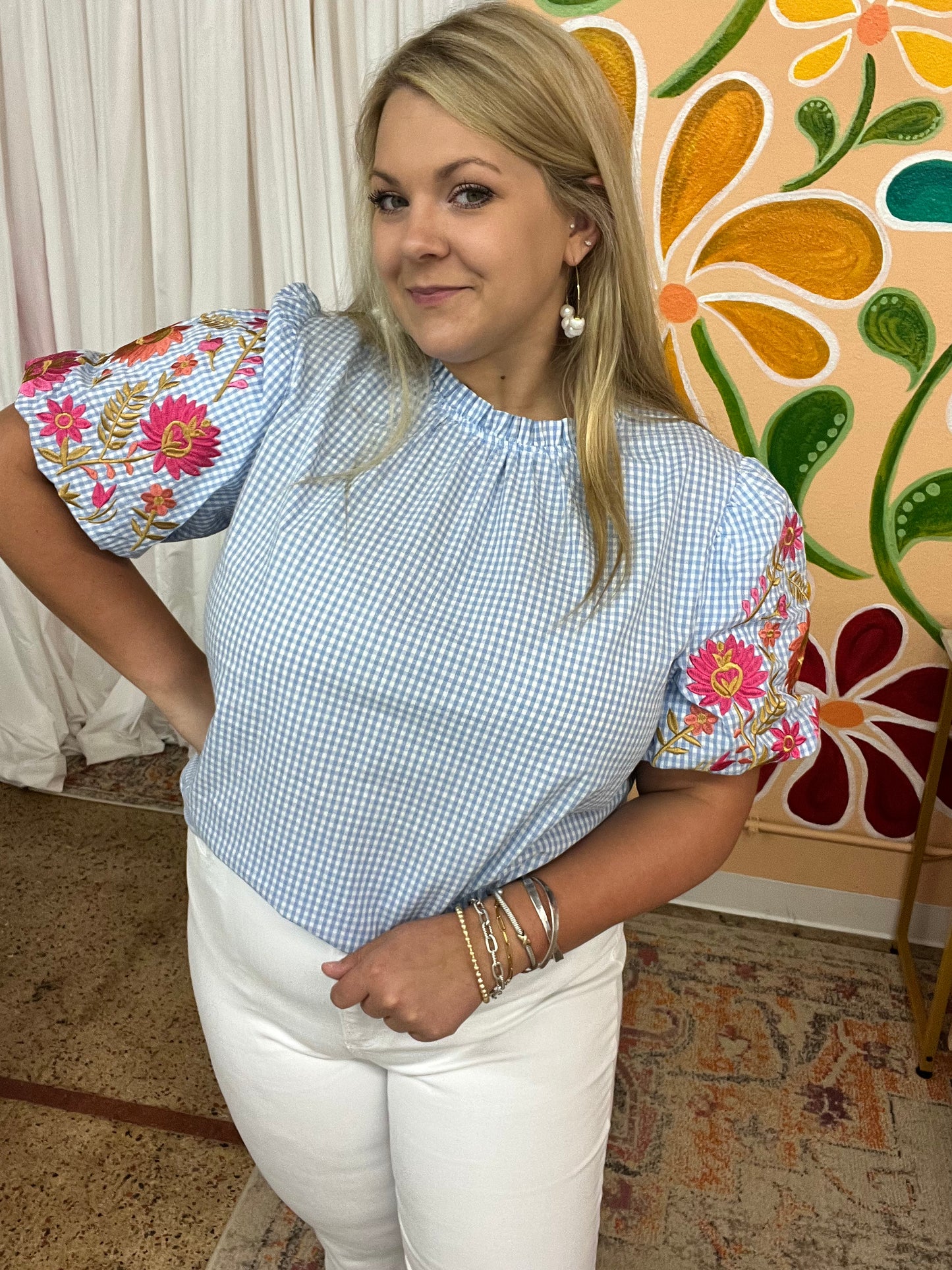 Gingham Embroidered Puff Sleeve Blouse