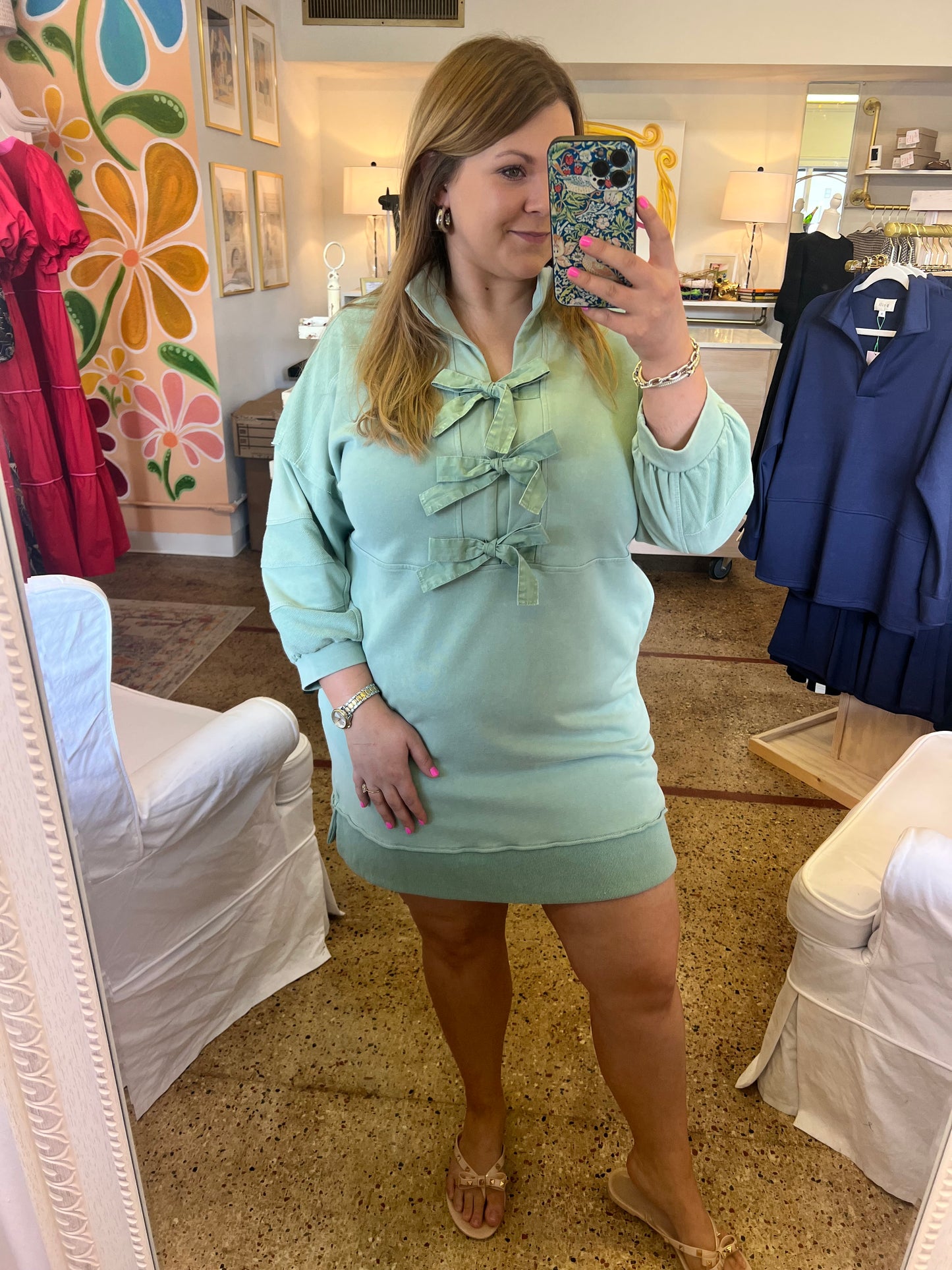 Sage Sweatshirt Bow Dress