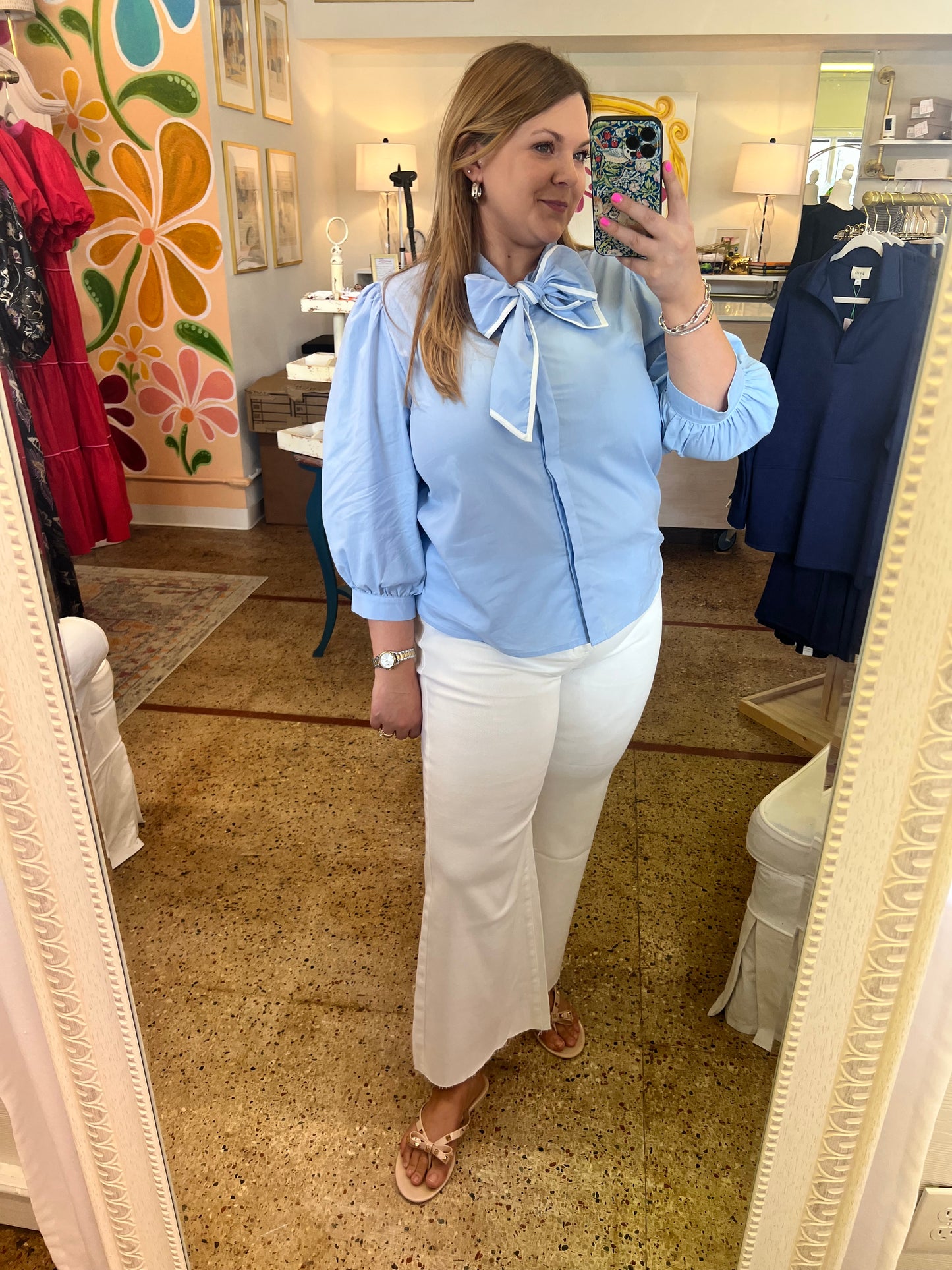 Sky Blue Tie Neck Blouse