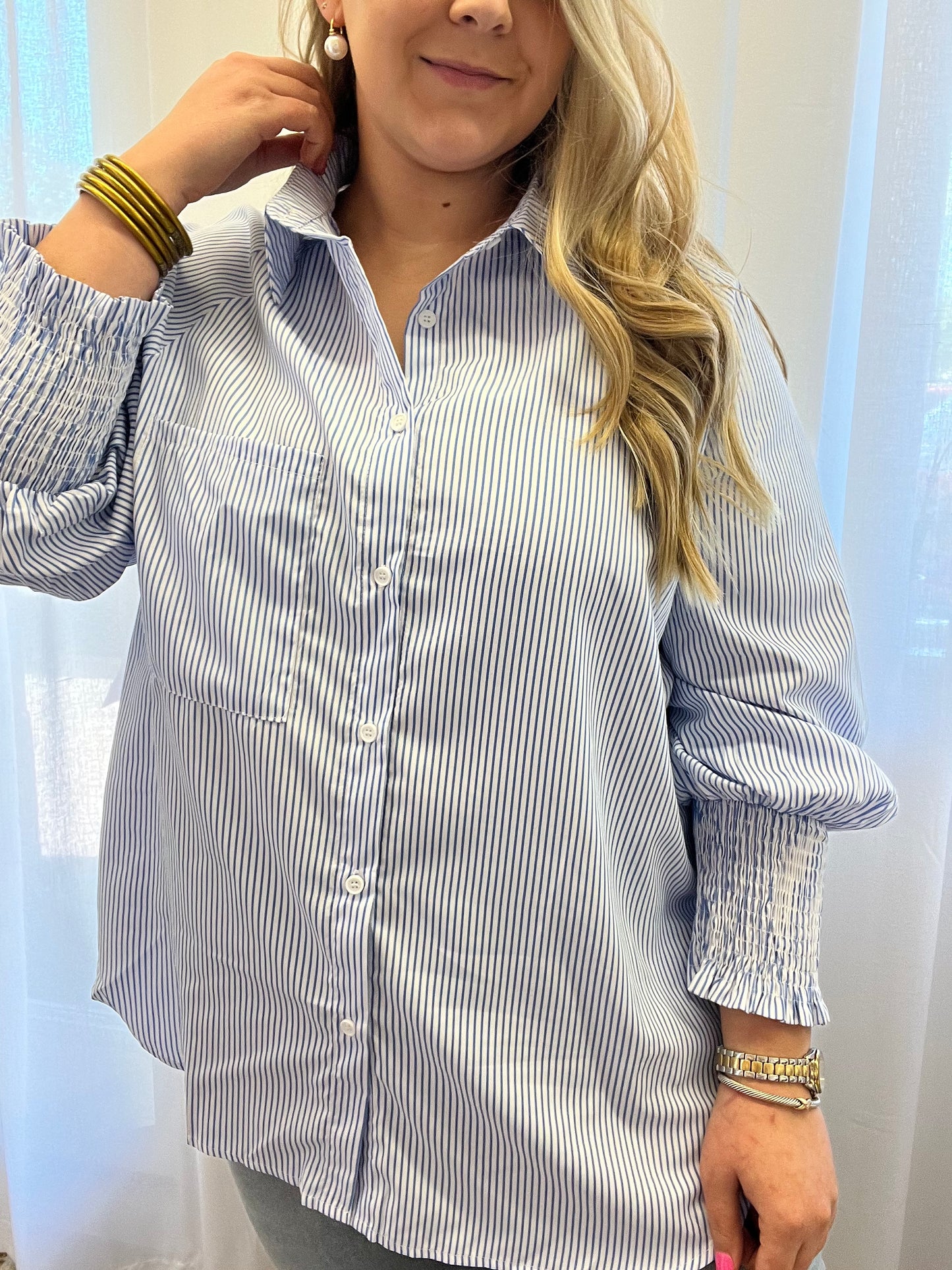 Smocked boyfriend blouse blue