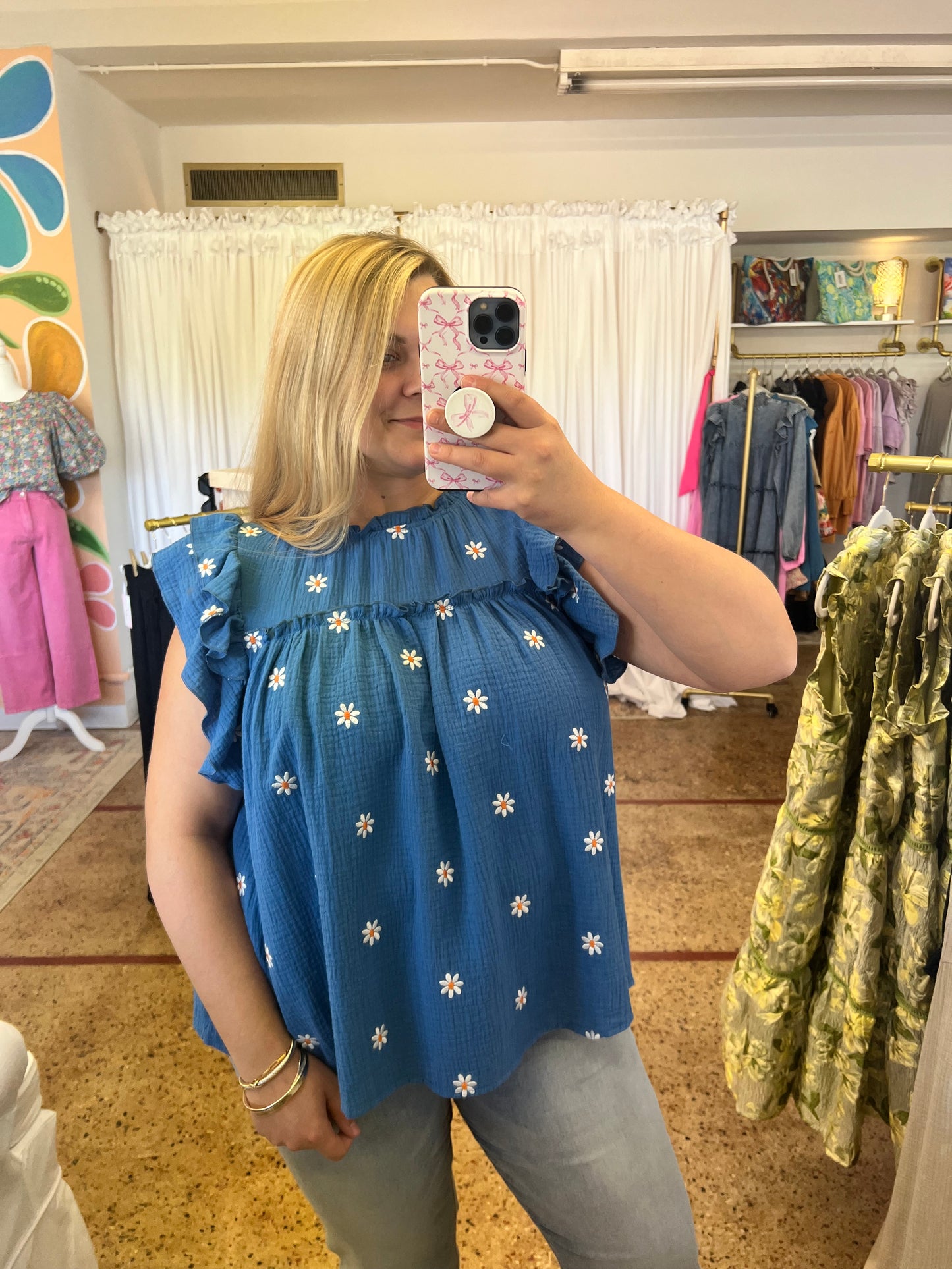 Blue Gauze Daisy Ruffle Blouse