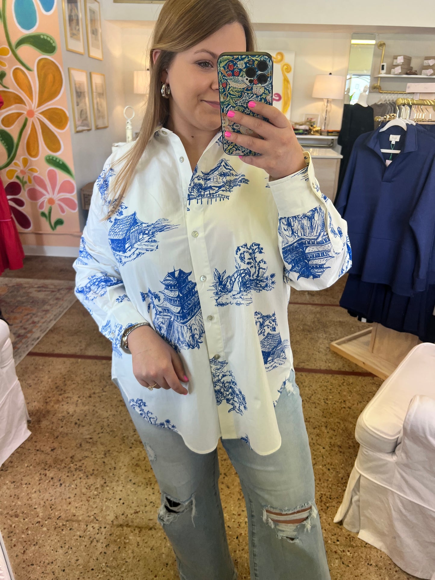 Oversized Toile Button Down