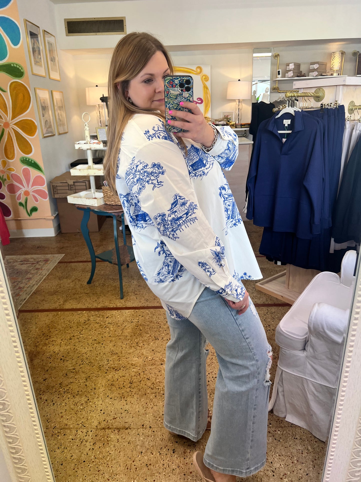 Oversized Toile Button Down