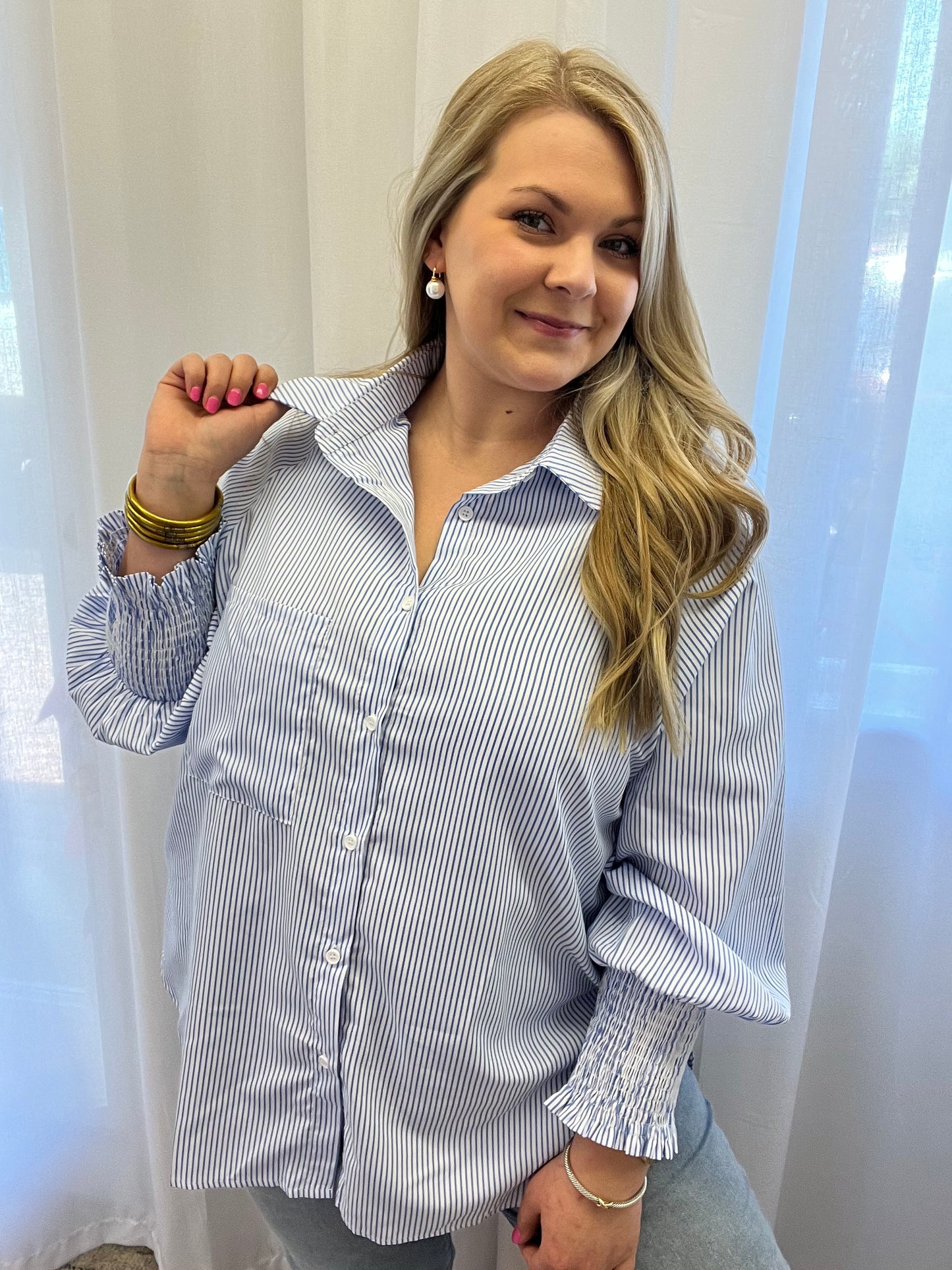 Smocked boyfriend blouse blue