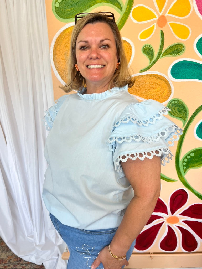 Blue Ruffled Sleeve Blouse