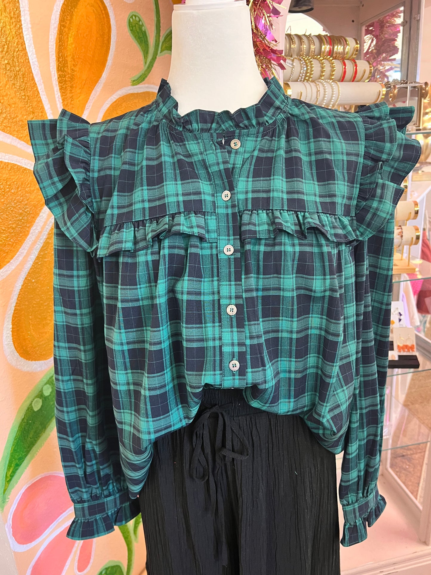 Ruffle Sleeve Plaid Blouse-Green