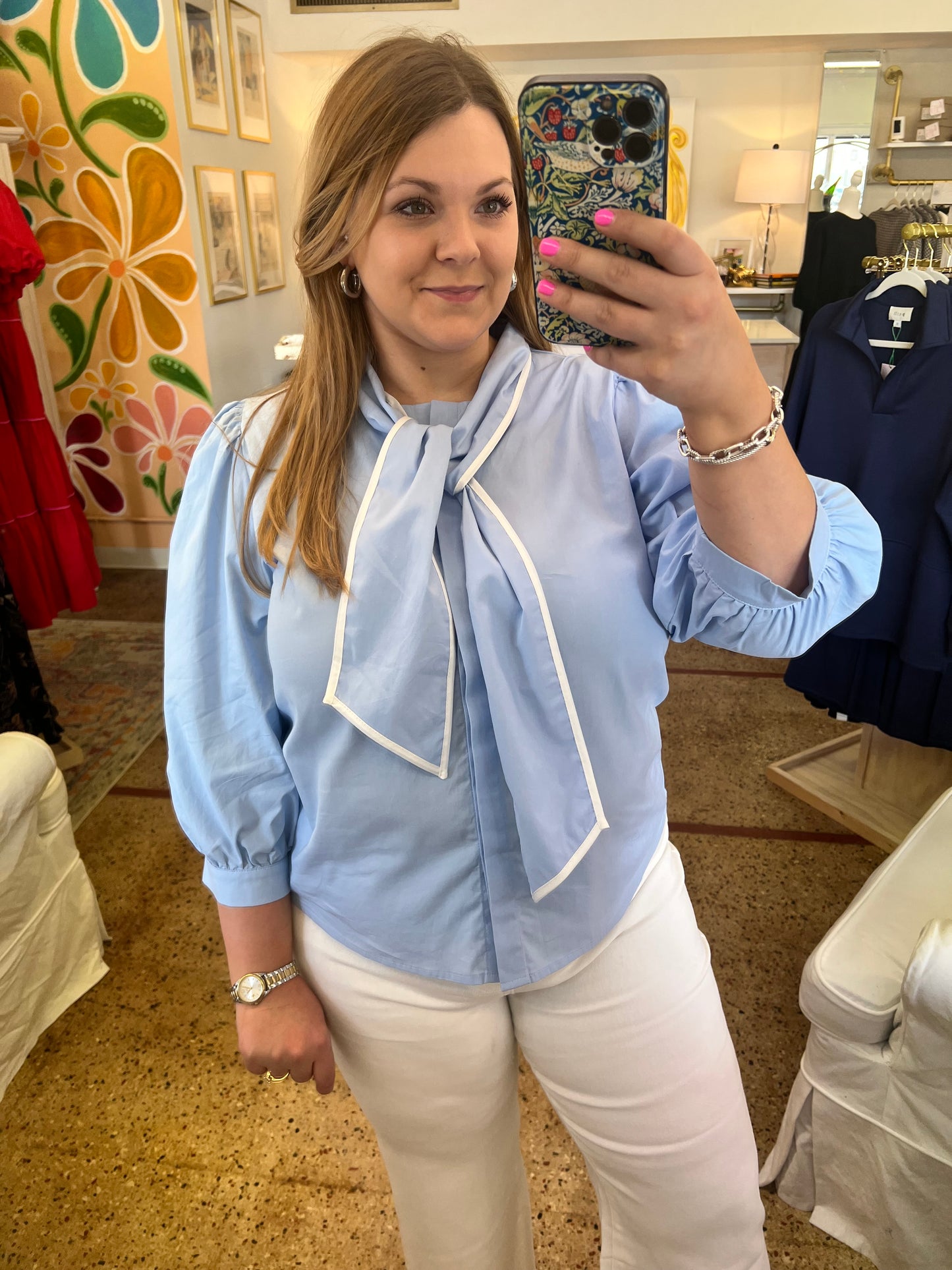 Sky Blue Tie Neck Blouse