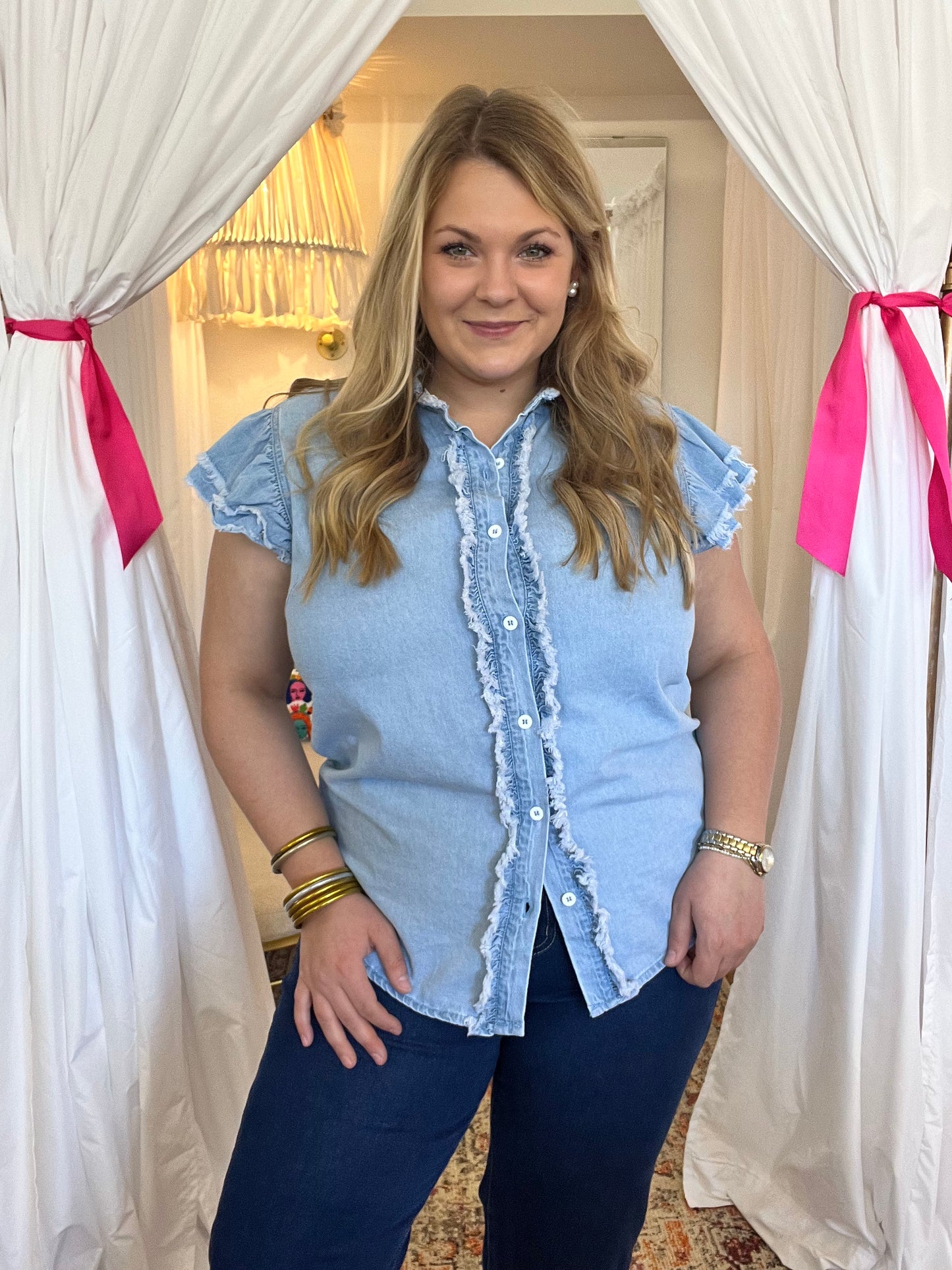 Flutter Sleeve Denim Blouse