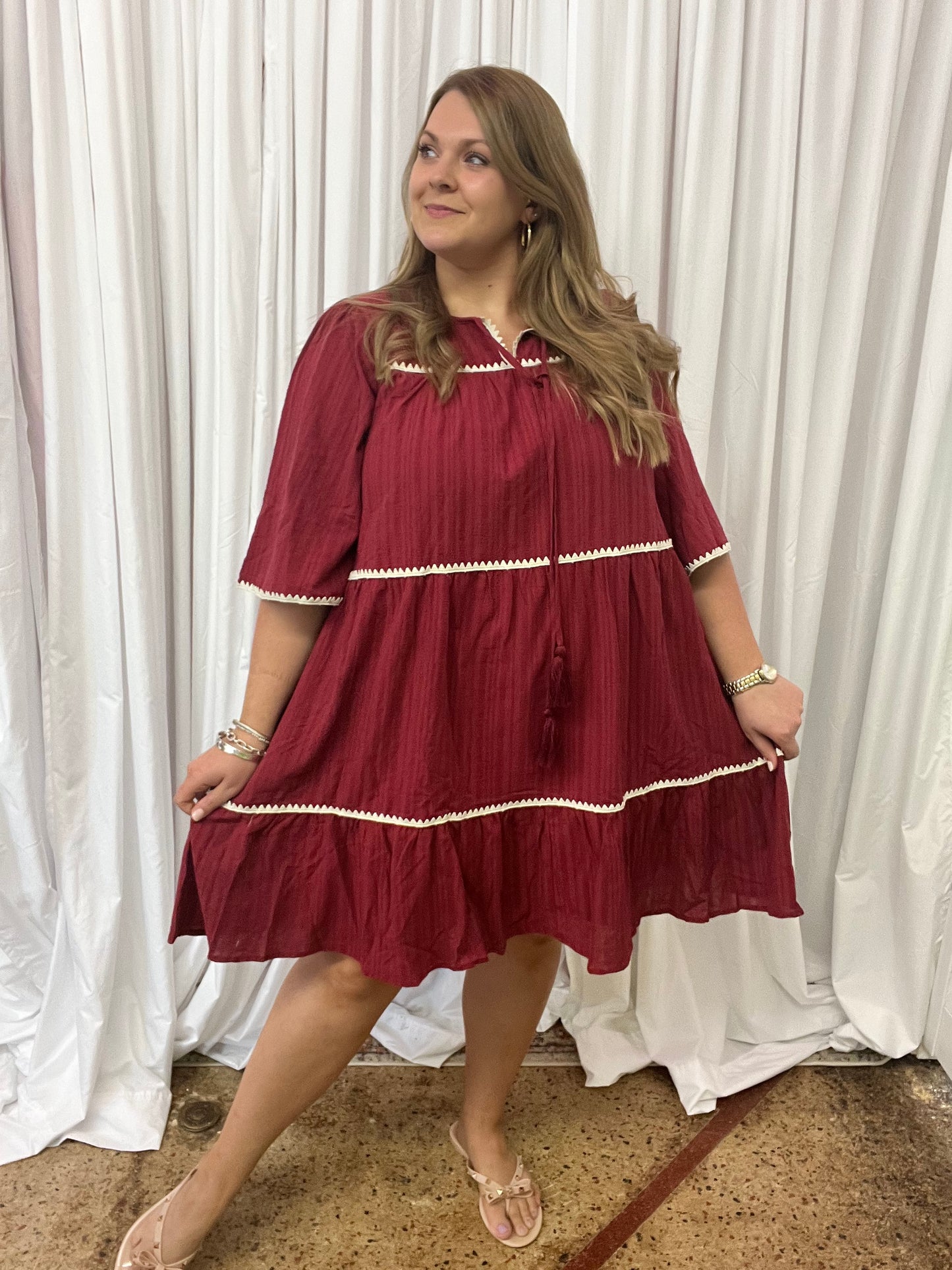 Plus Bell Sleeve Maroon Dress