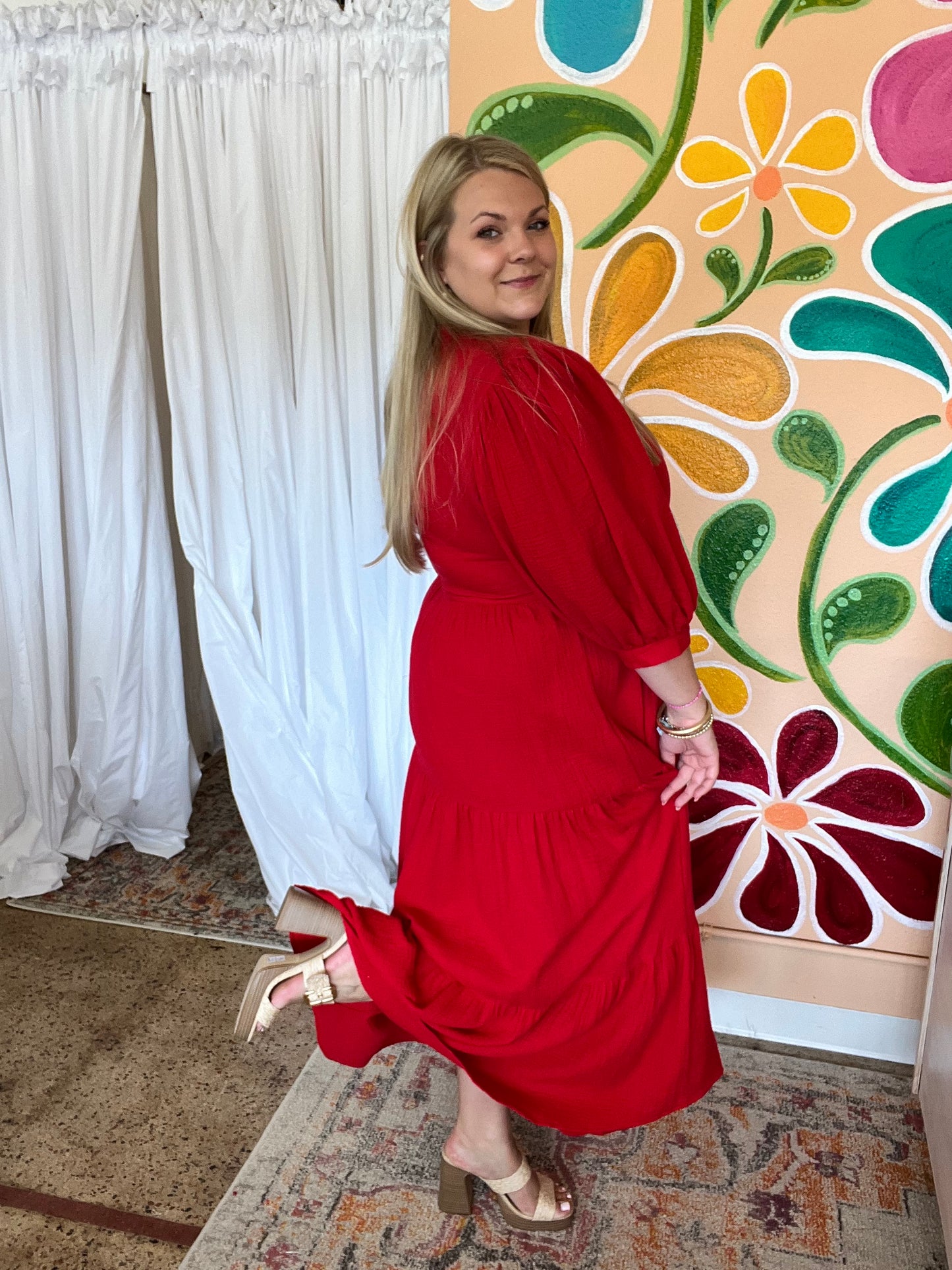 Red Gauze Tiered Maxi Dress