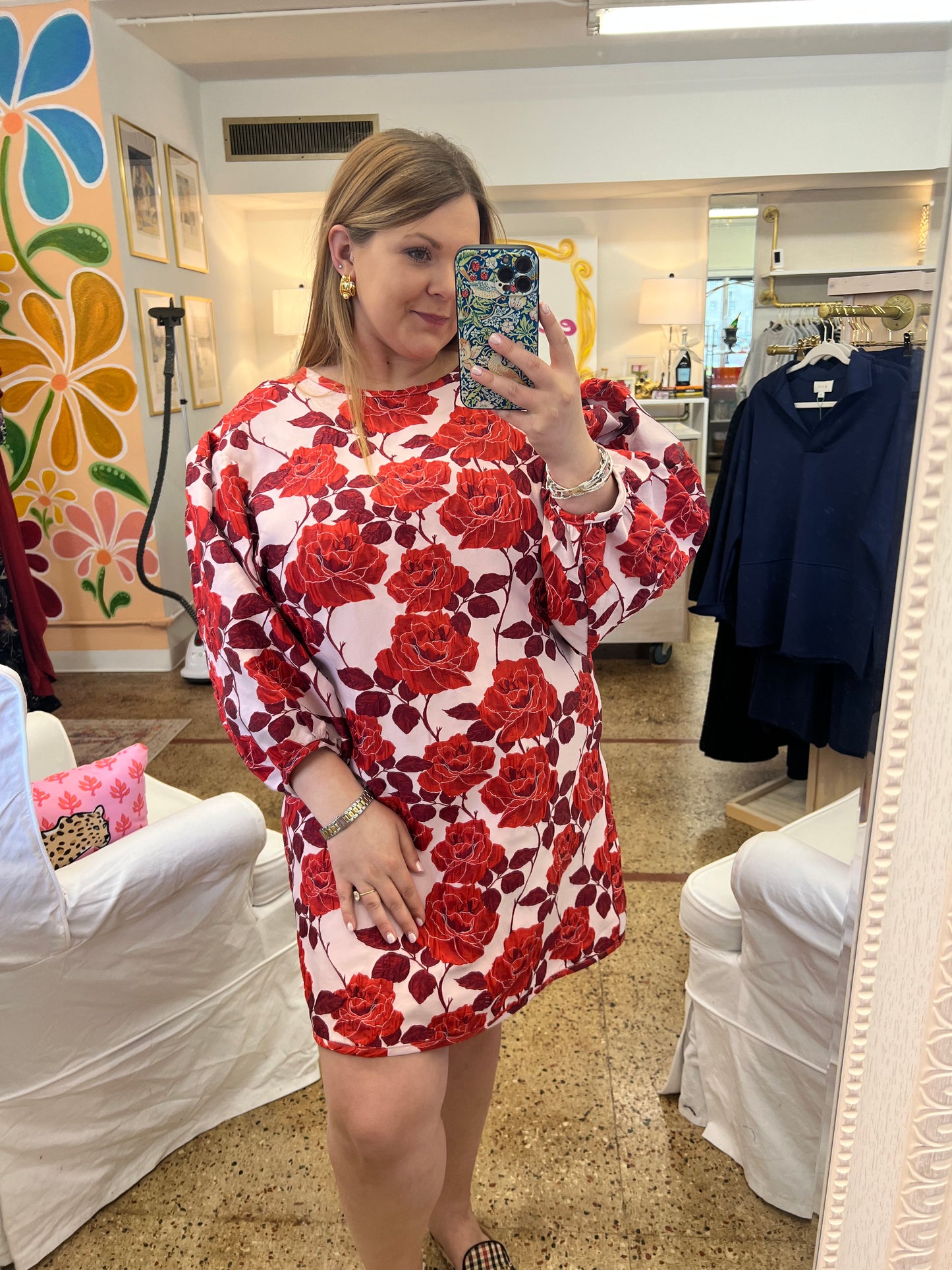 Floral Jacquard Puff Sleeve Dress