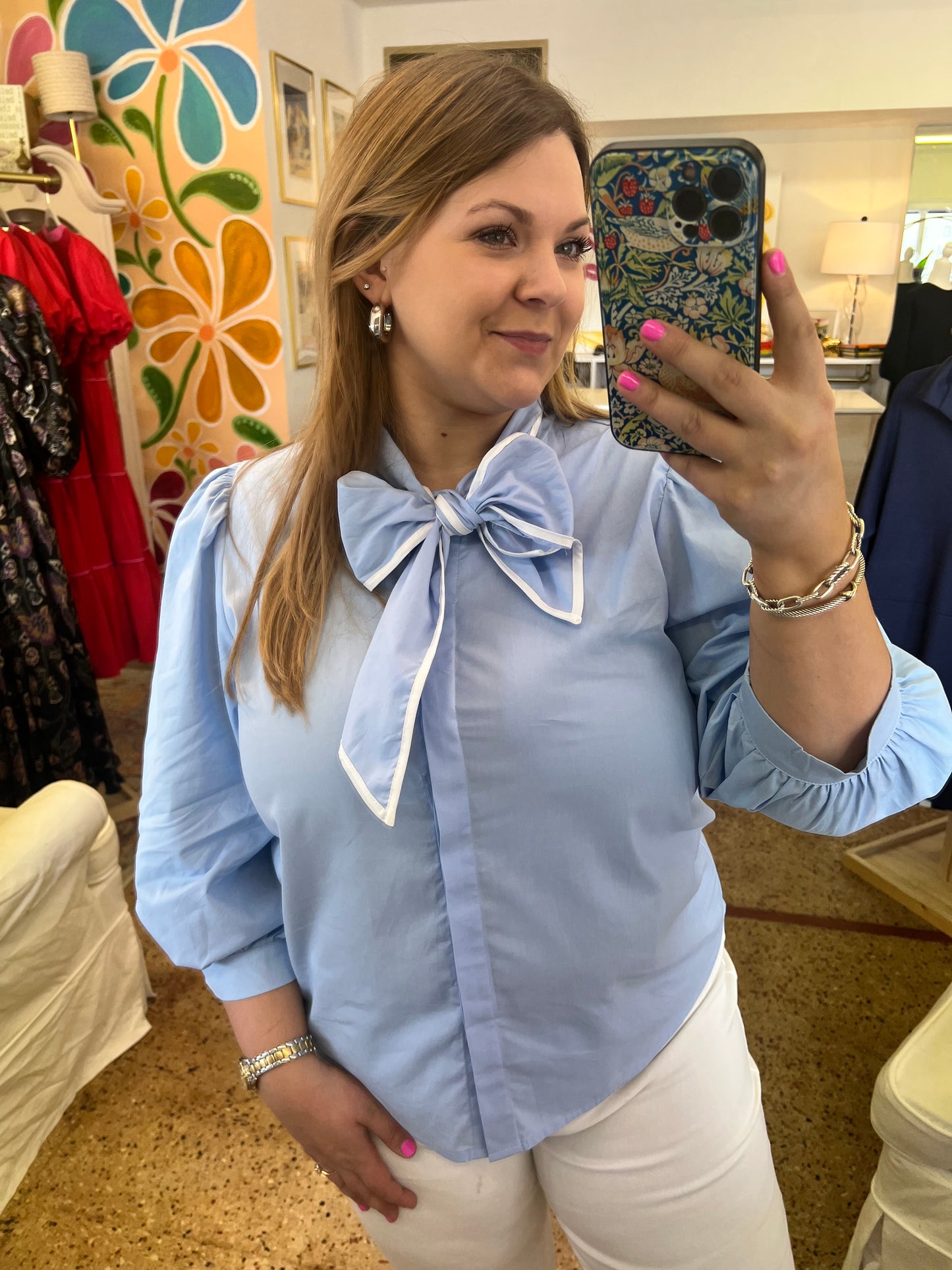 Sky Blue Tie Neck Blouse