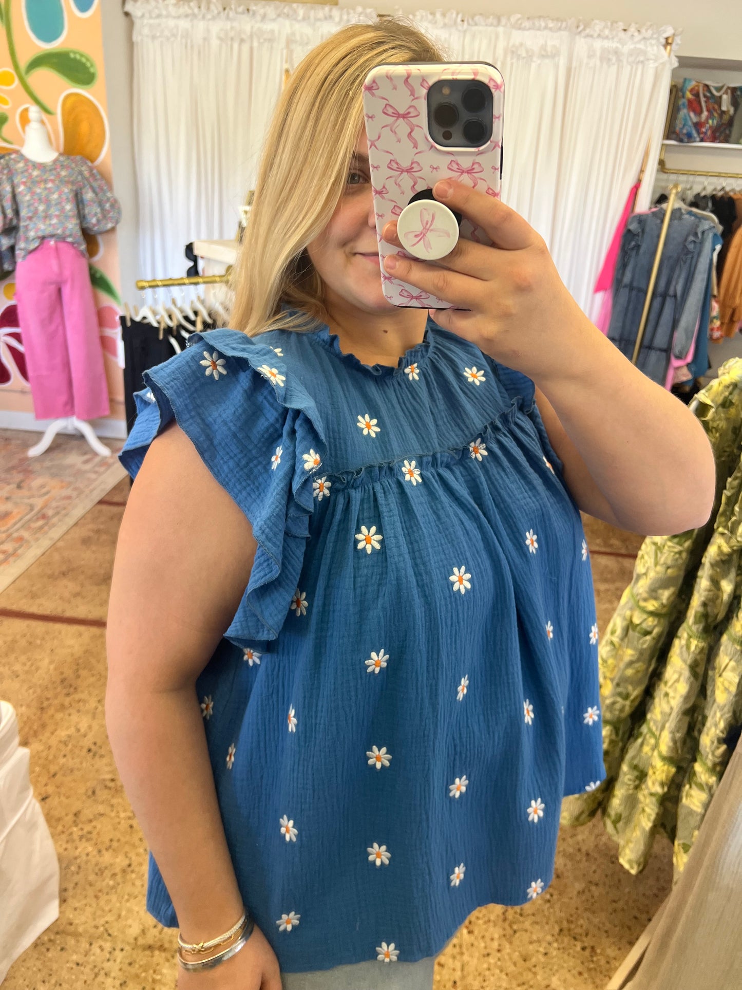 Blue Gauze Daisy Ruffle Blouse