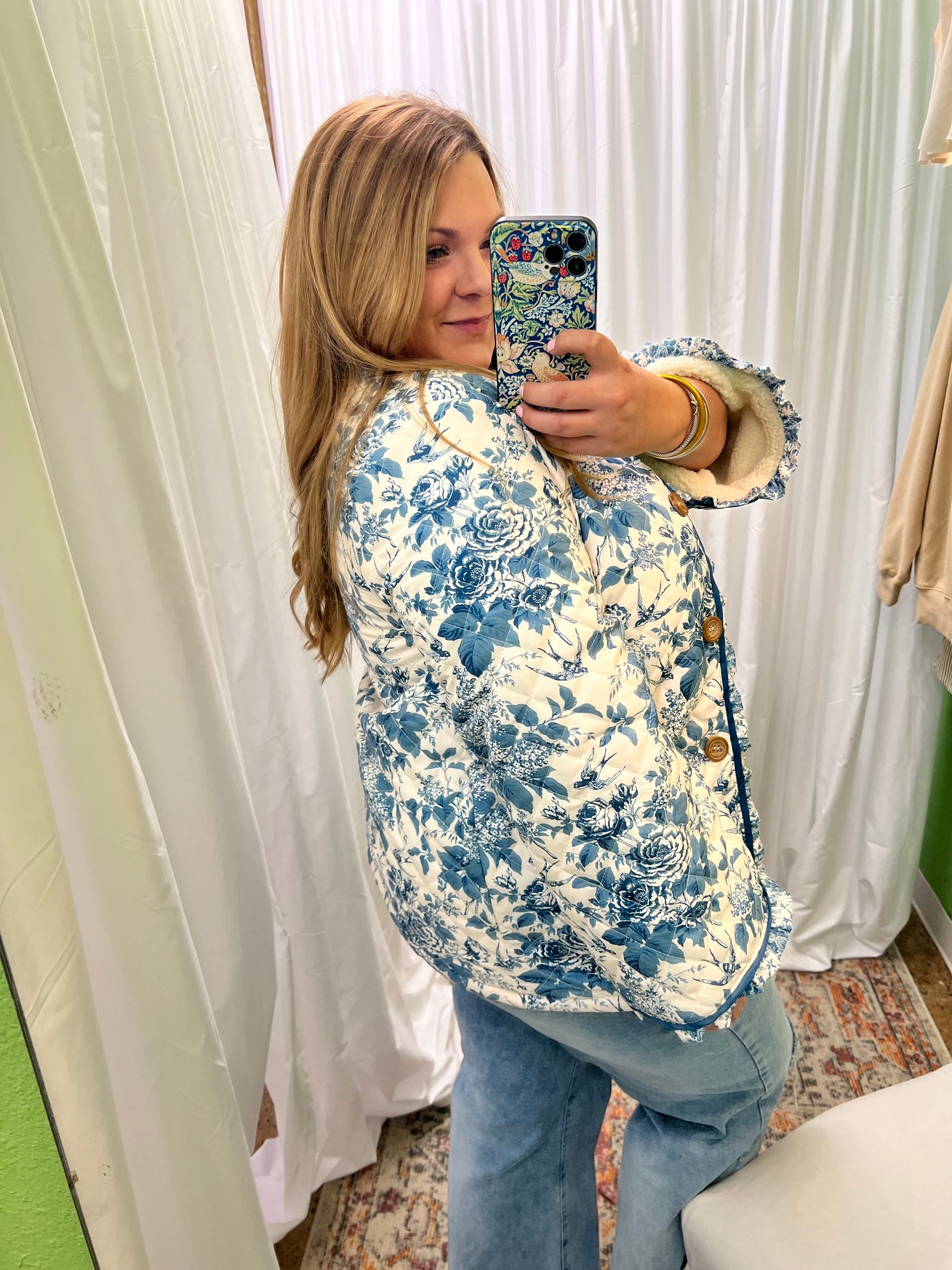 Blue Floral Sherpa Jacket