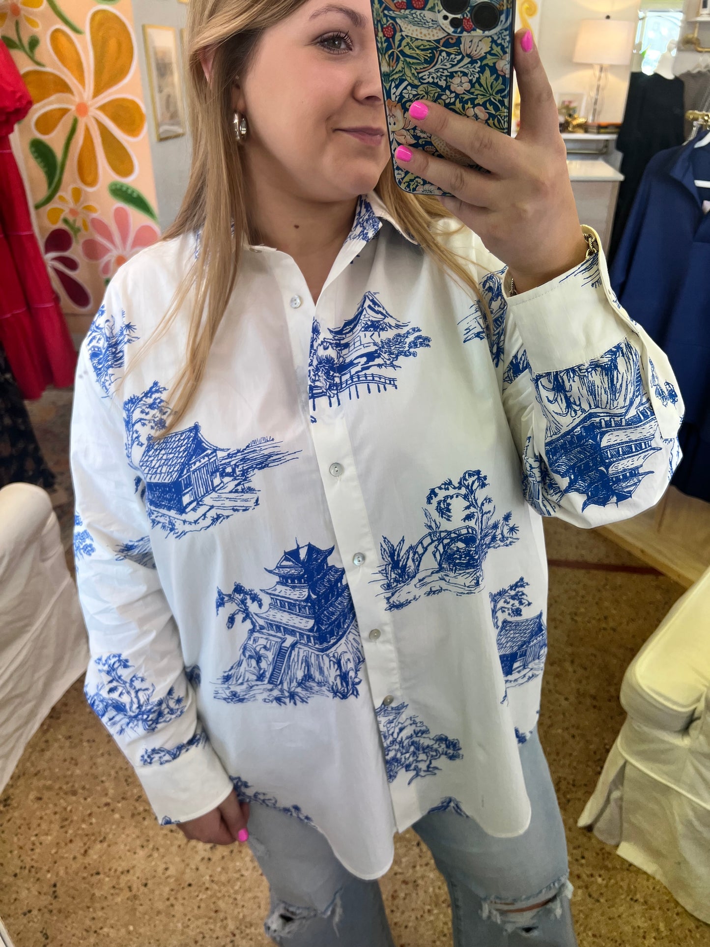 Oversized Toile Button Down