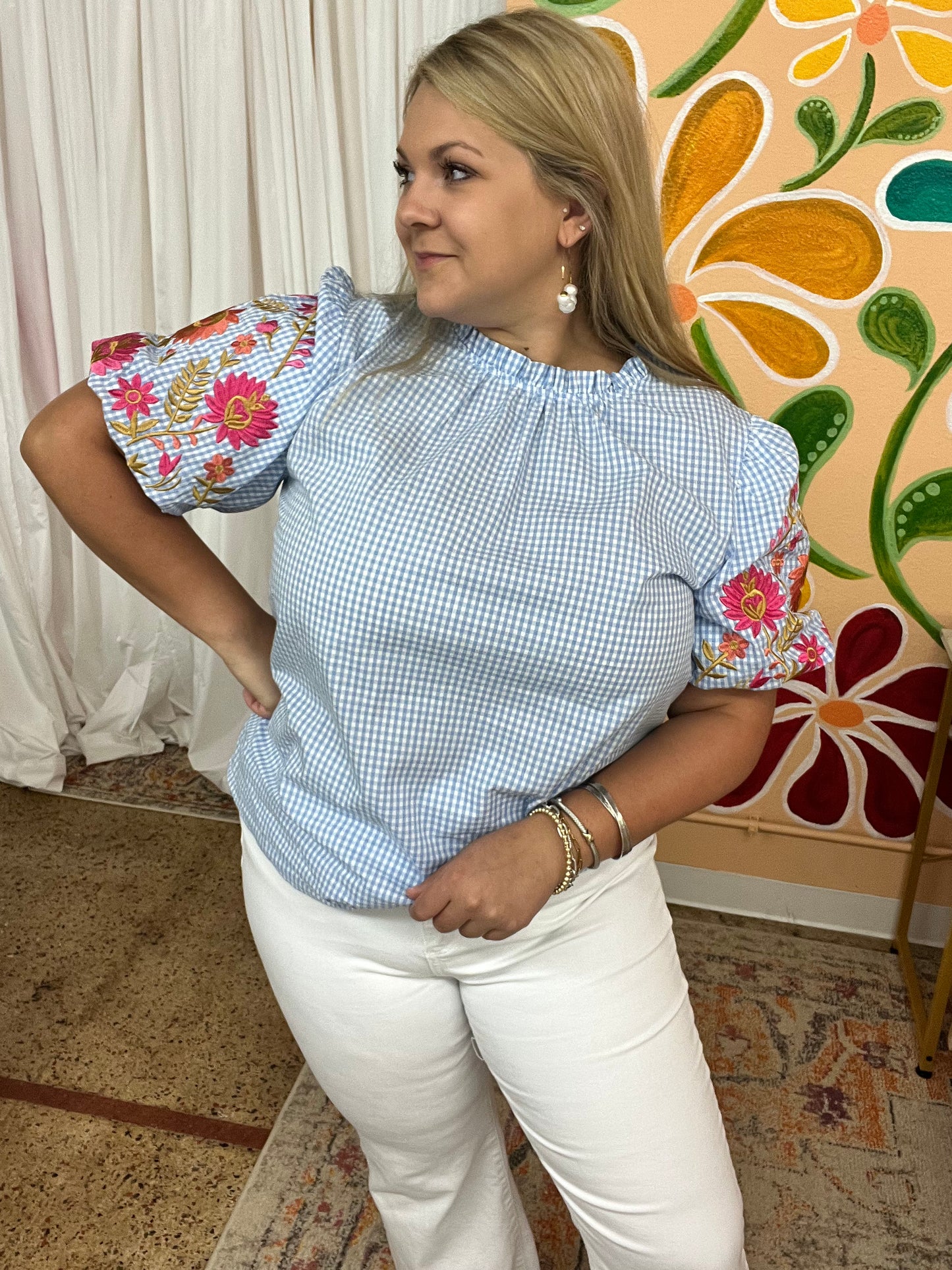 Gingham Embroidered Puff Sleeve Blouse