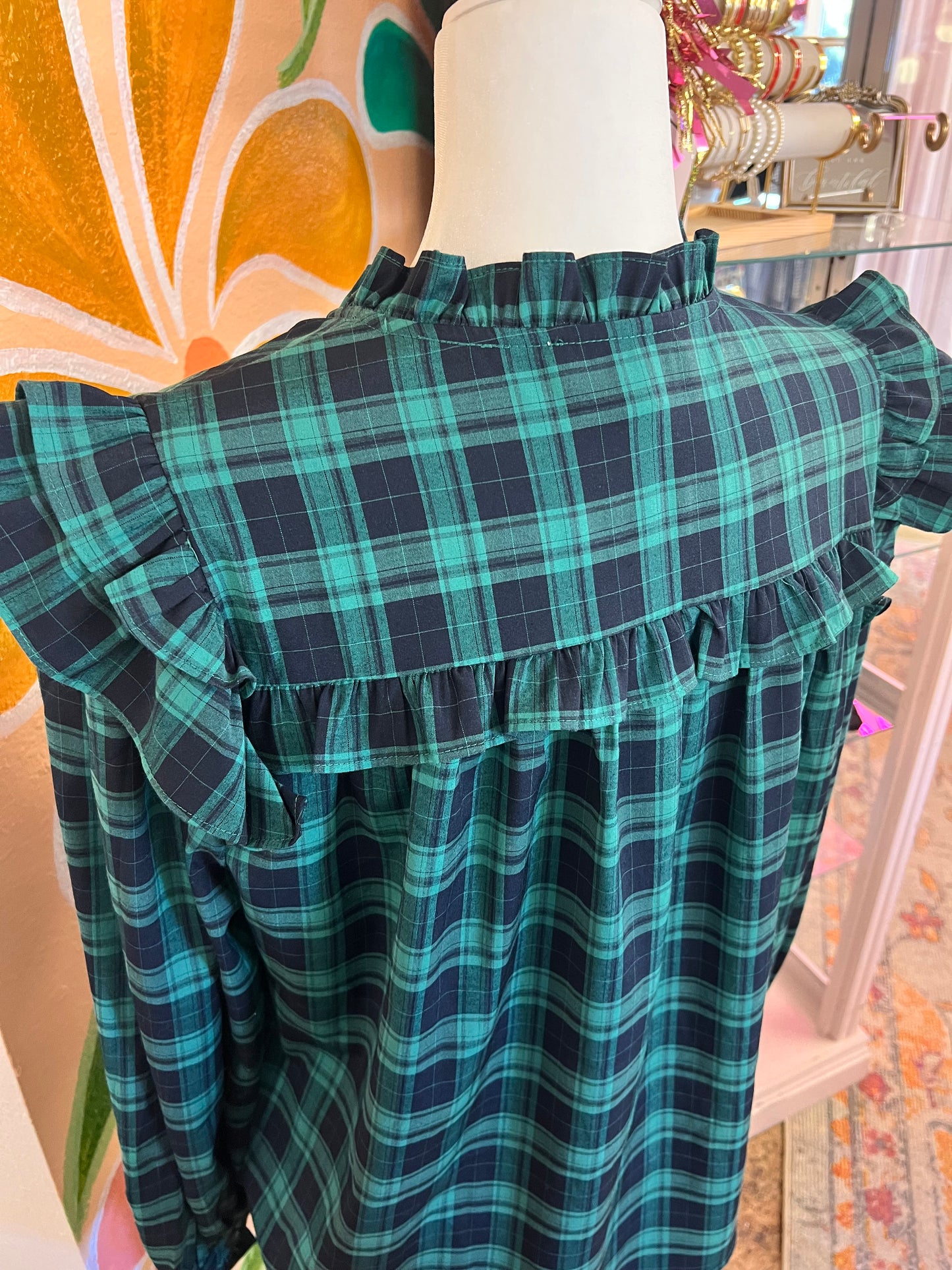 Ruffle Sleeve Plaid Blouse-Green