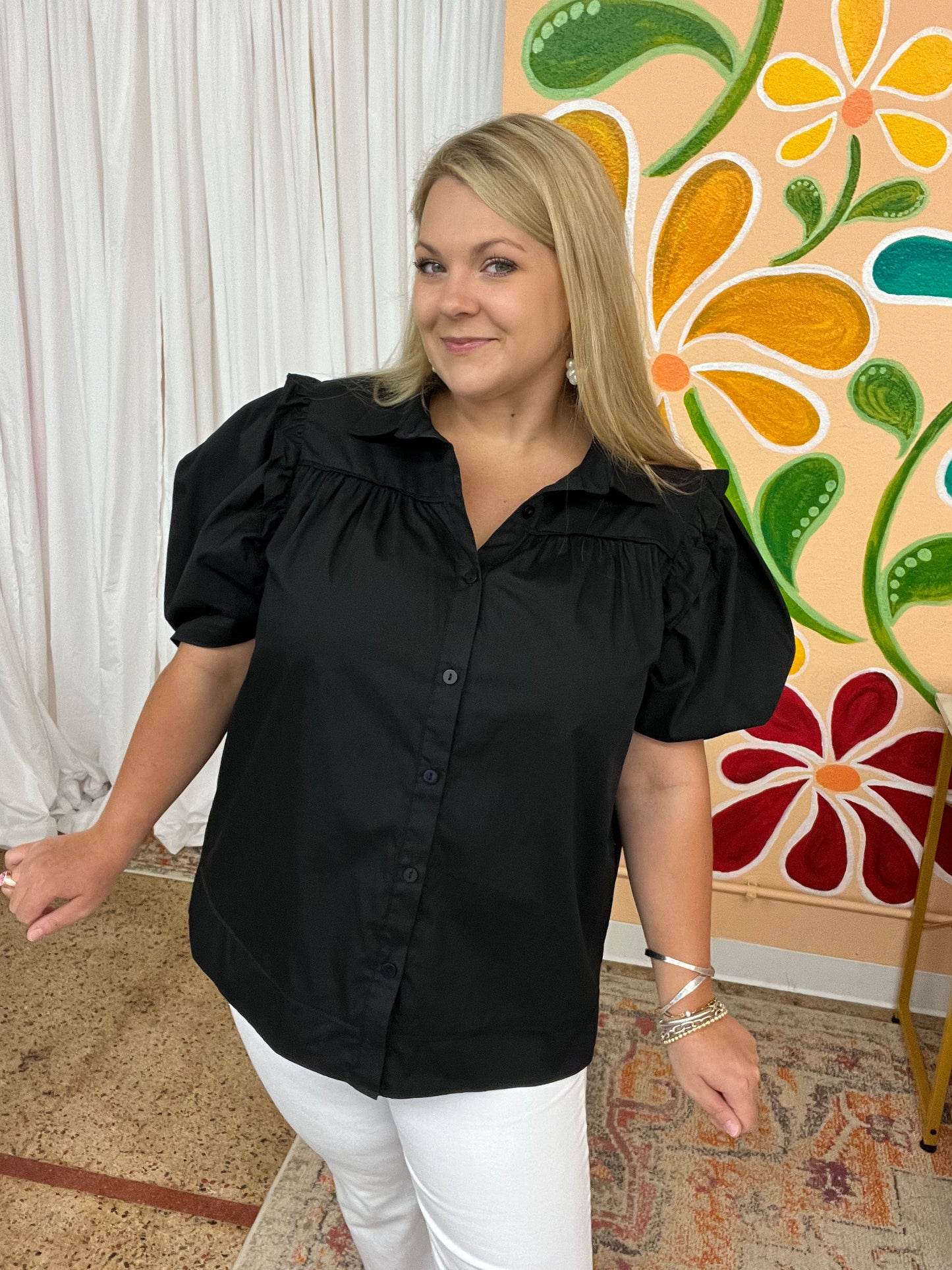 Black Puff Sleeve Dress Shirt