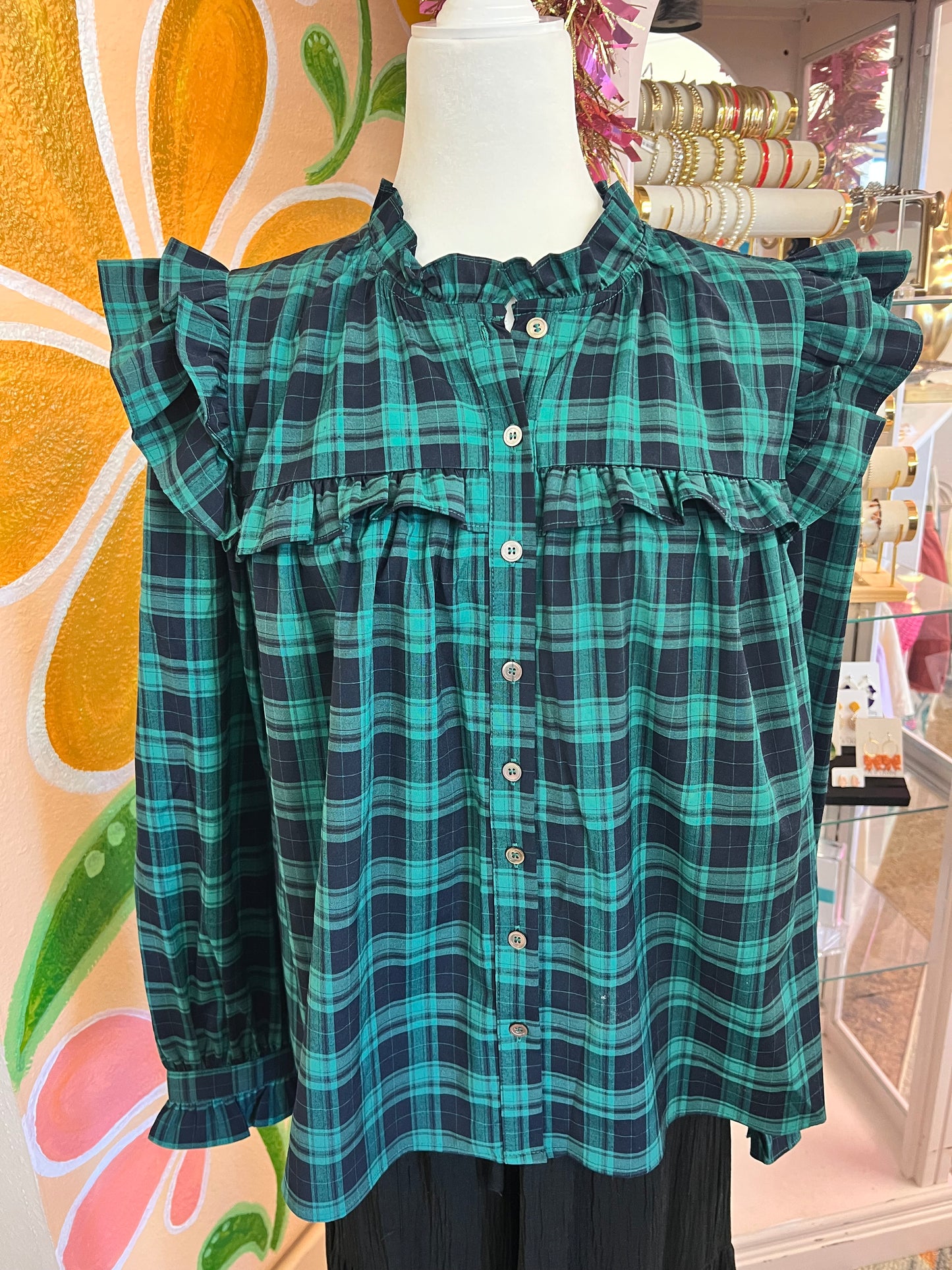 Ruffle Sleeve Plaid Blouse-Green