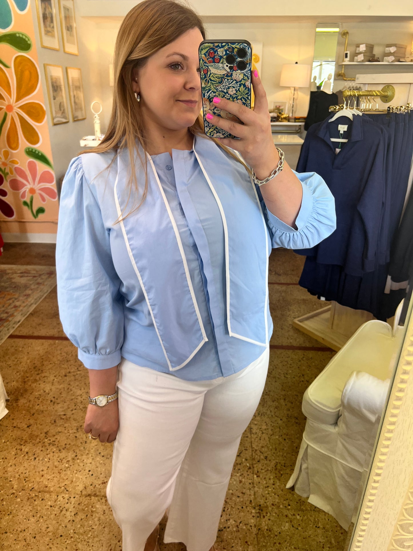 Sky Blue Tie Neck Blouse