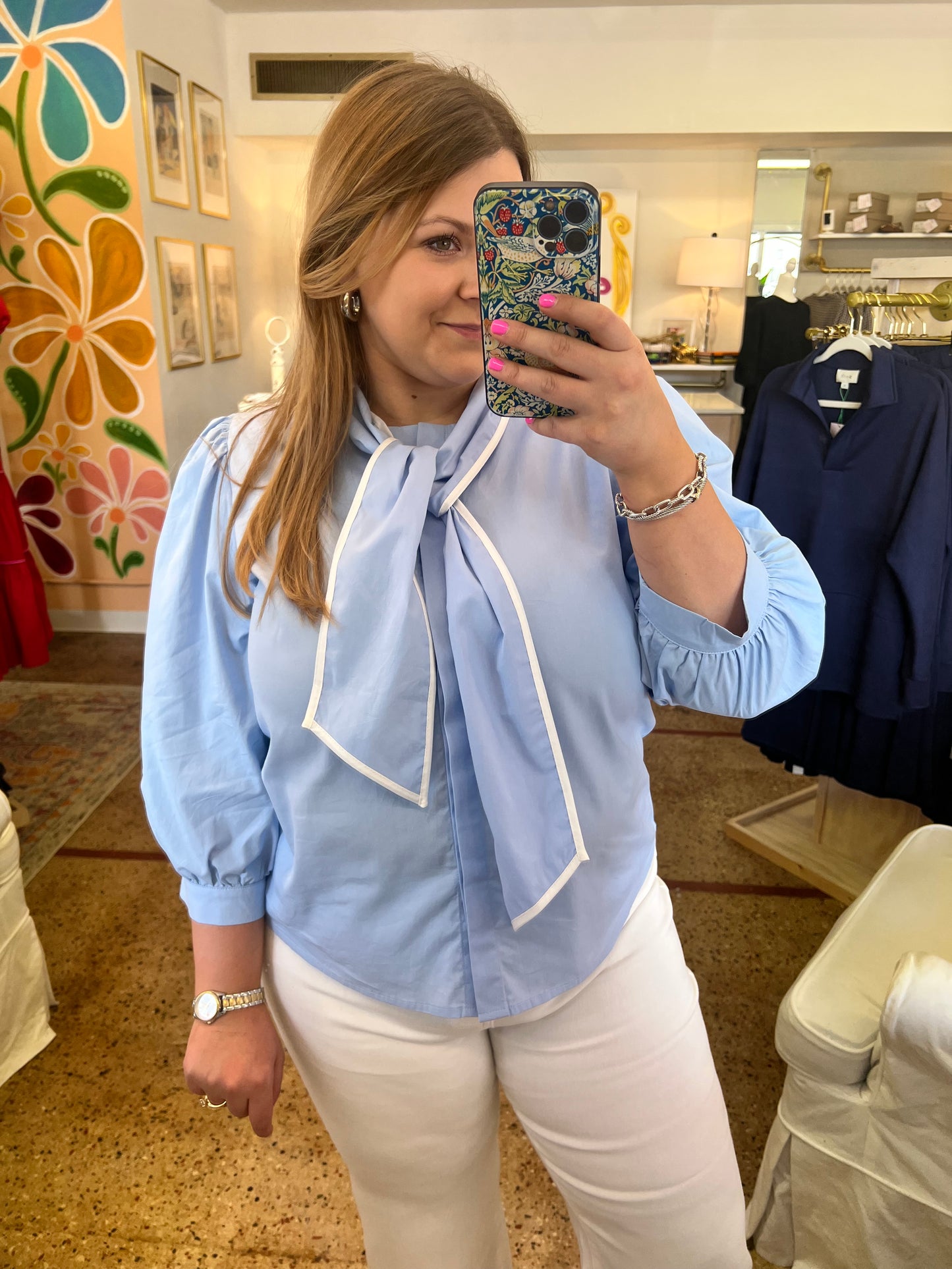 Sky Blue Tie Neck Blouse