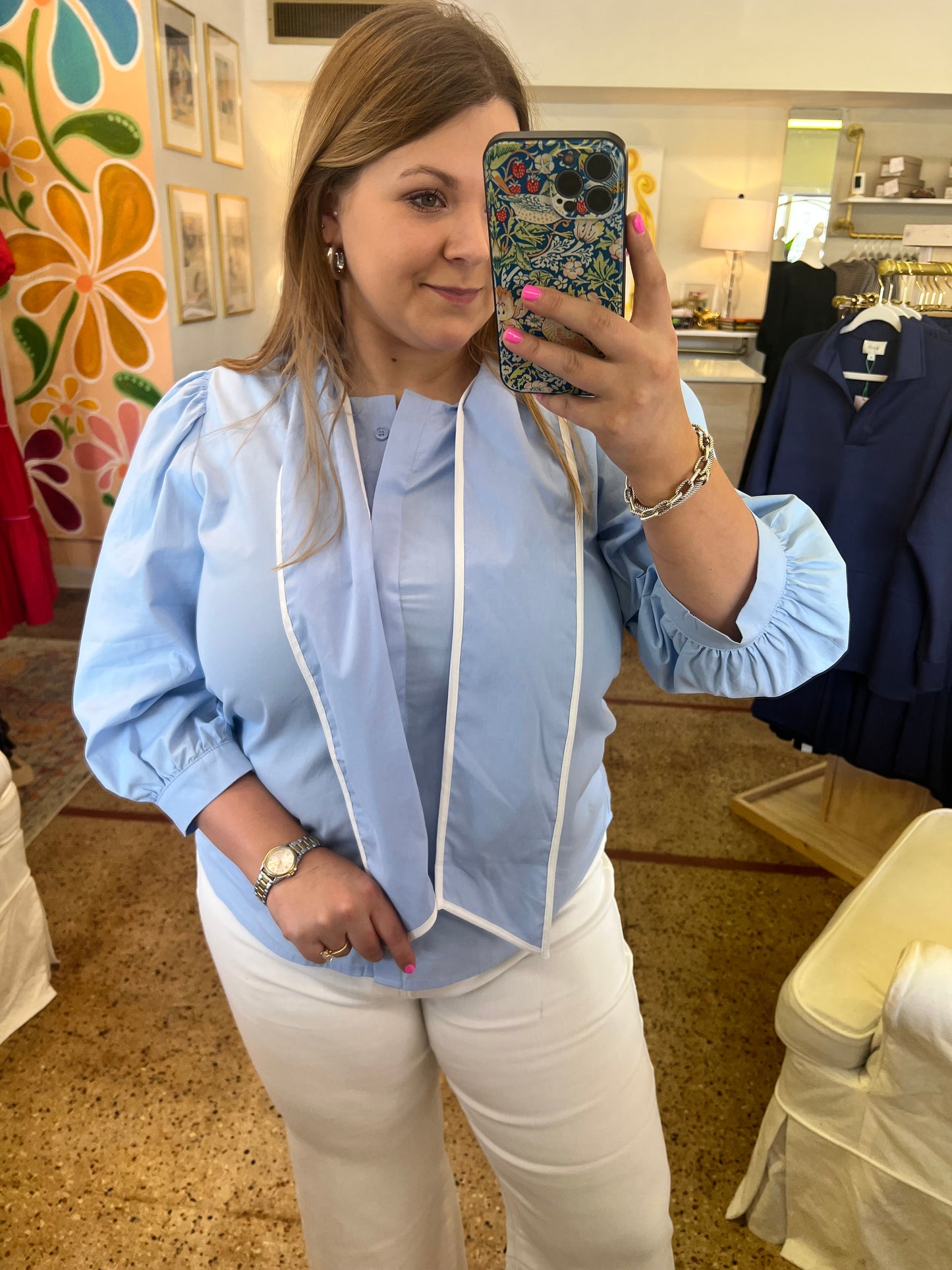 Sky Blue Tie Neck Blouse