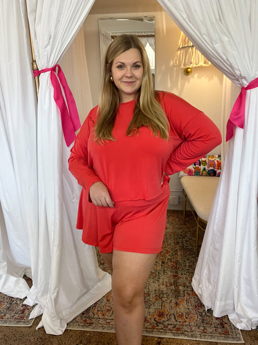 Cool-Touch Knit Top and Flare Shorts Set! (Coral red)