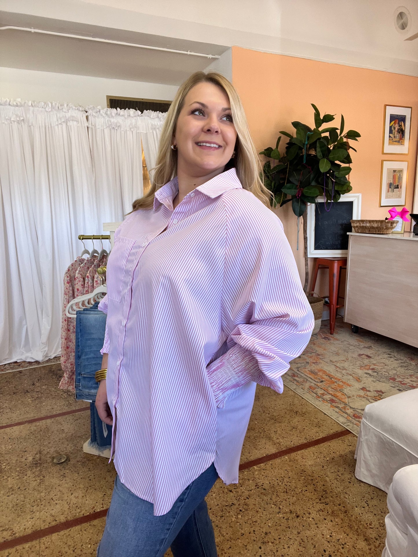 Smocked Cuff Boyfriend Shirt