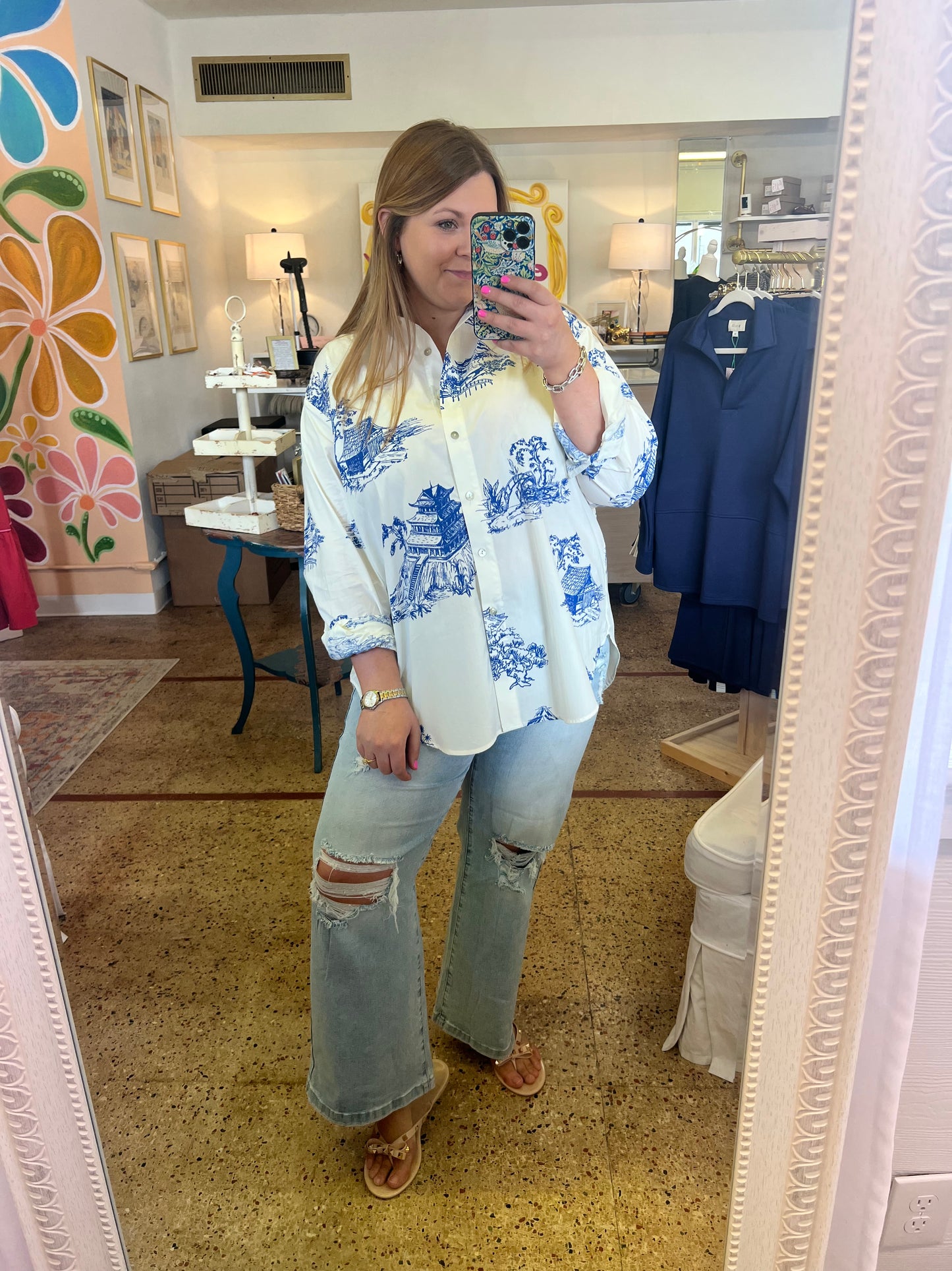 Oversized Toile Button Down