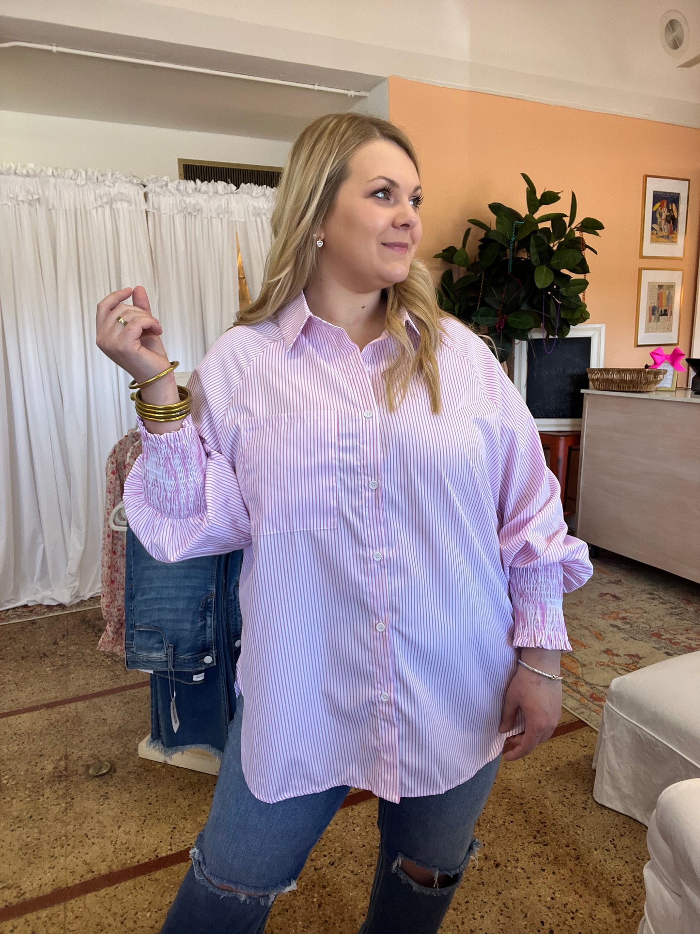 Smocked Cuff Boyfriend Shirt