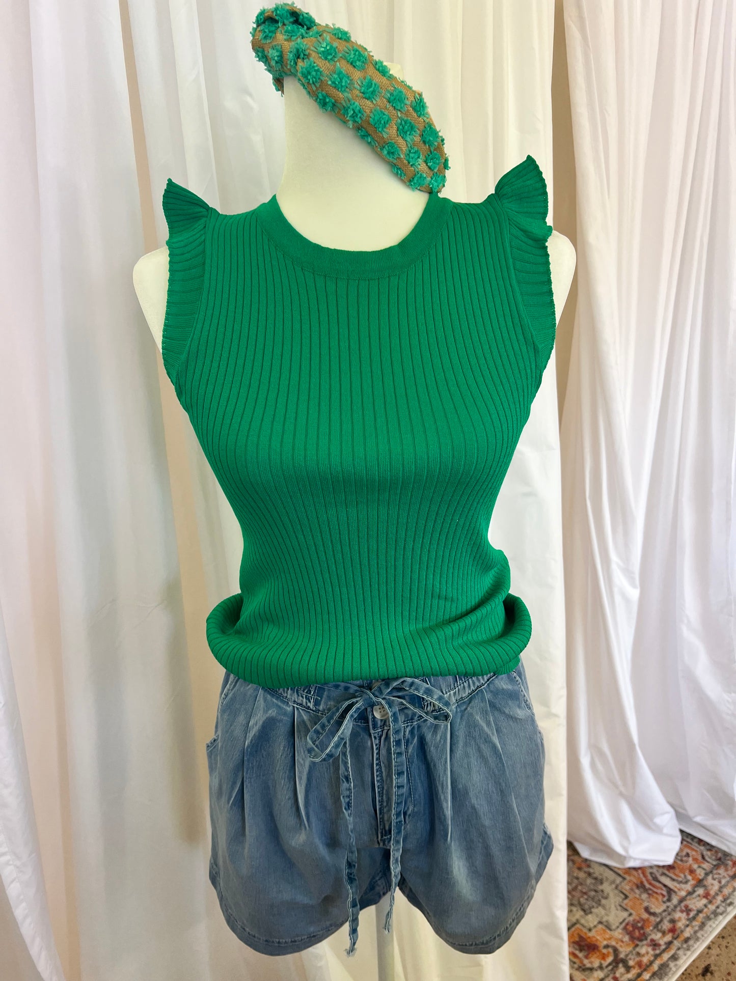 Green Ruffle sleeve tank