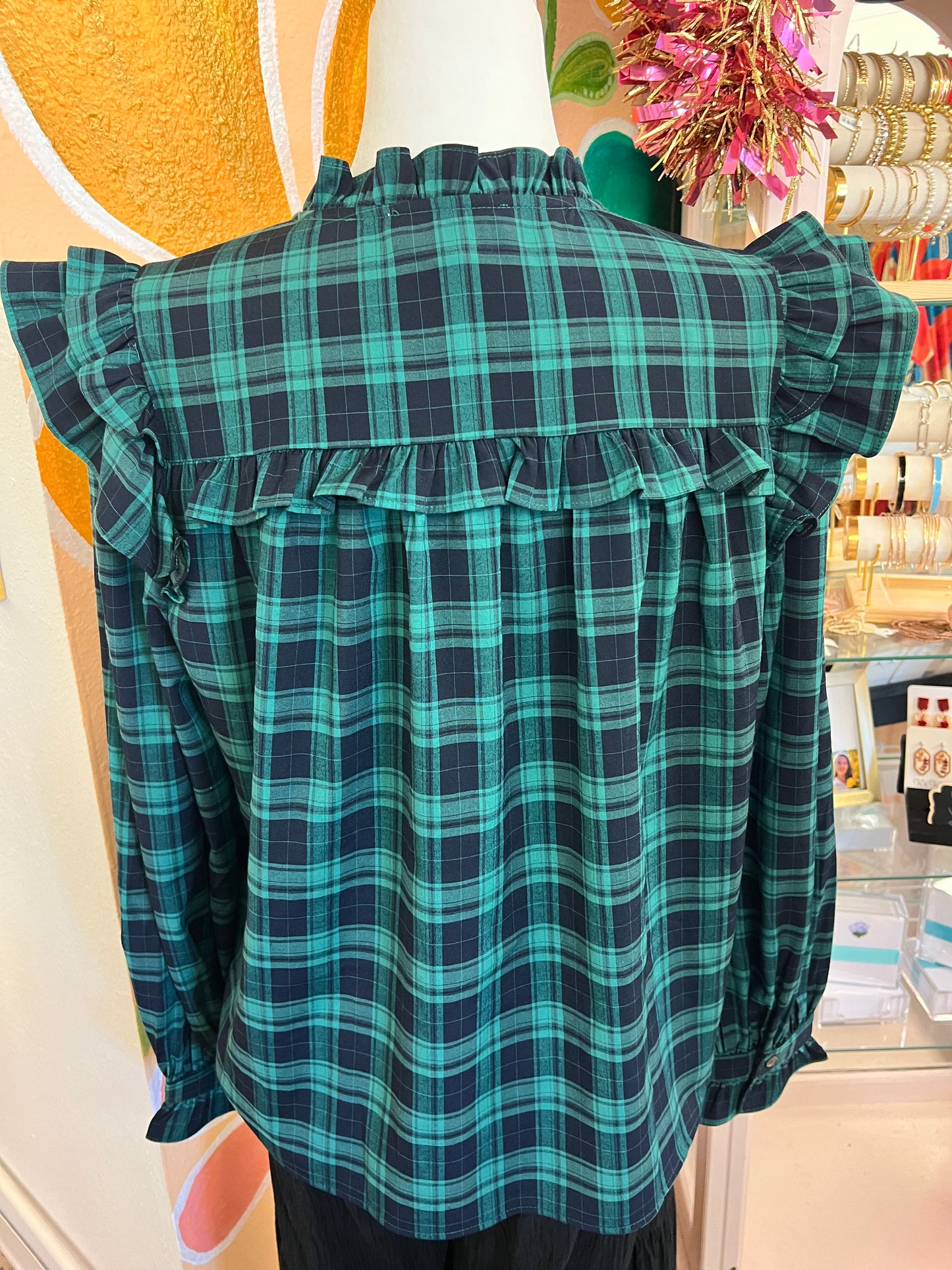 Ruffle Sleeve Plaid Blouse-Green