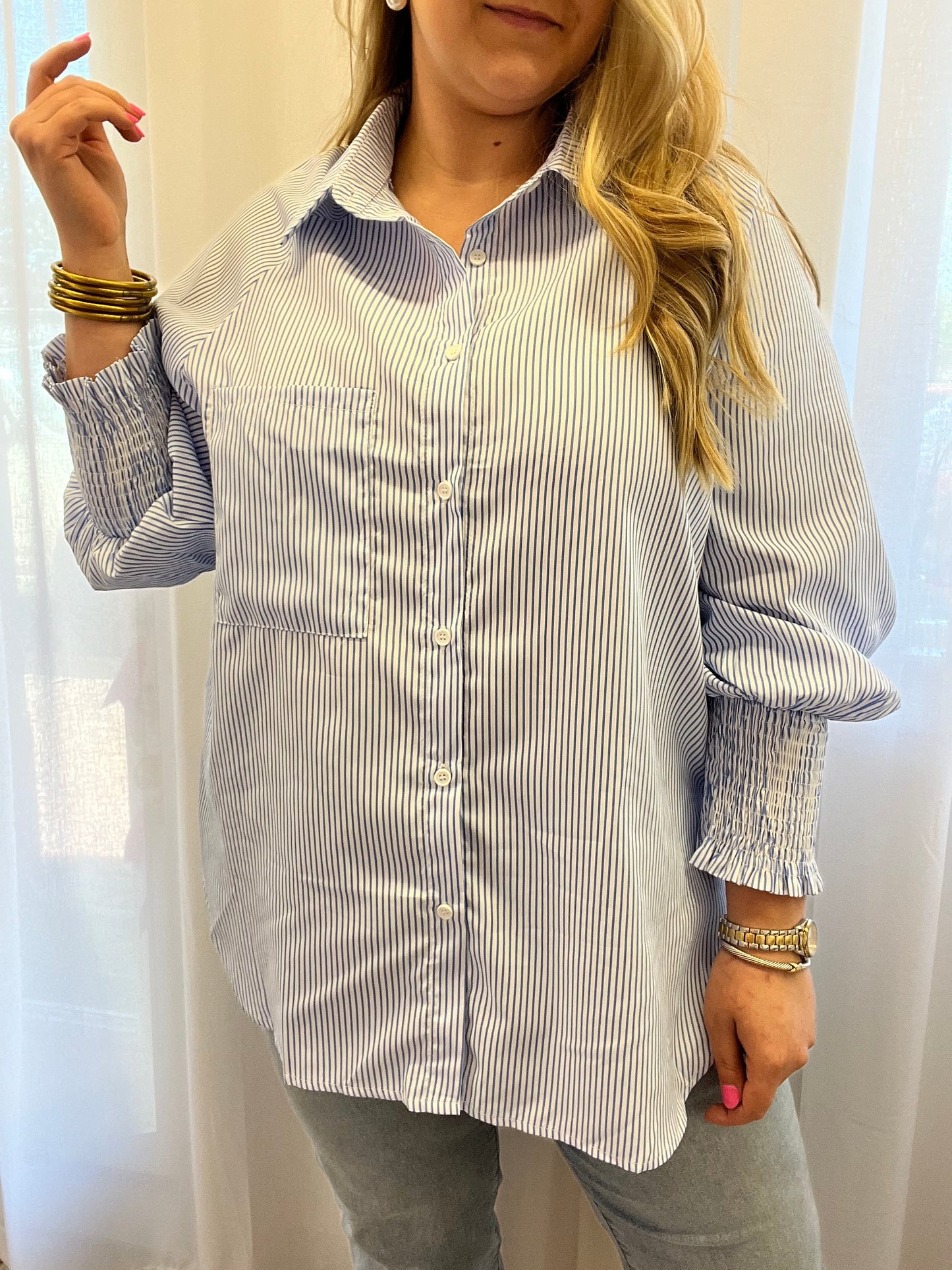 Smocked boyfriend blouse blue